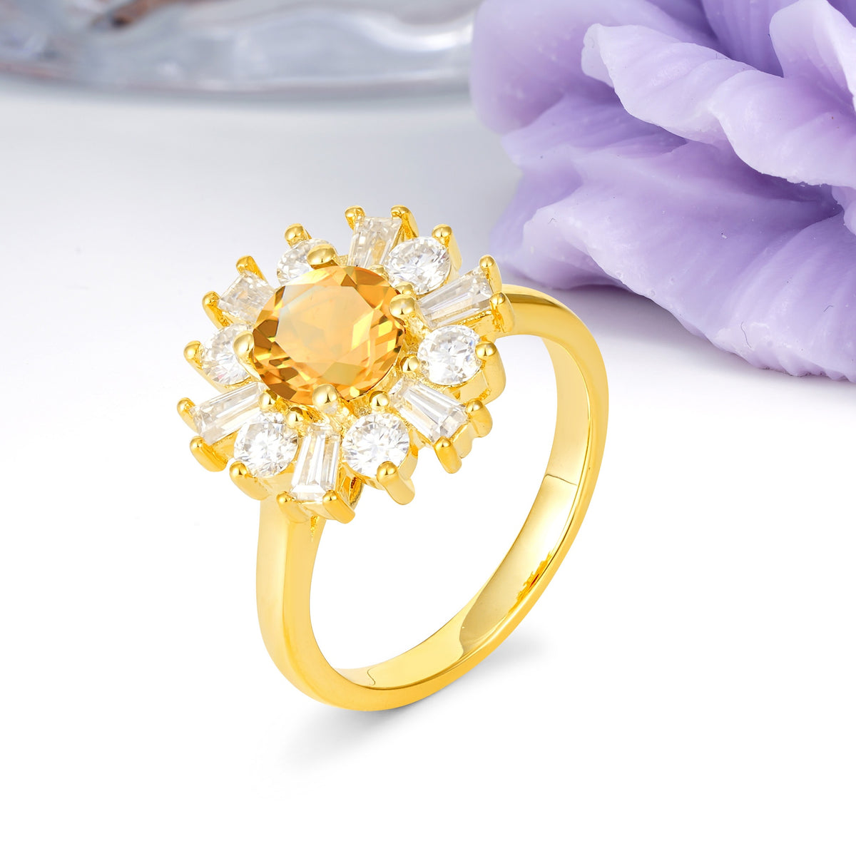 Unique Luxurious 4-Prong Round Cut Citrine Engagement Ring - Additional view