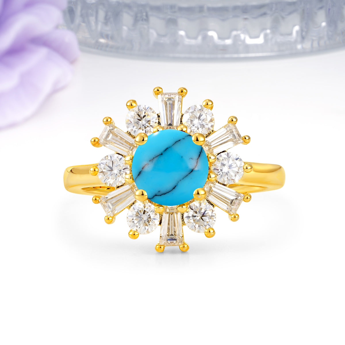 Unique Luxurious 4-Prong Round Cut Turquoise Engagement Ring - Additional view