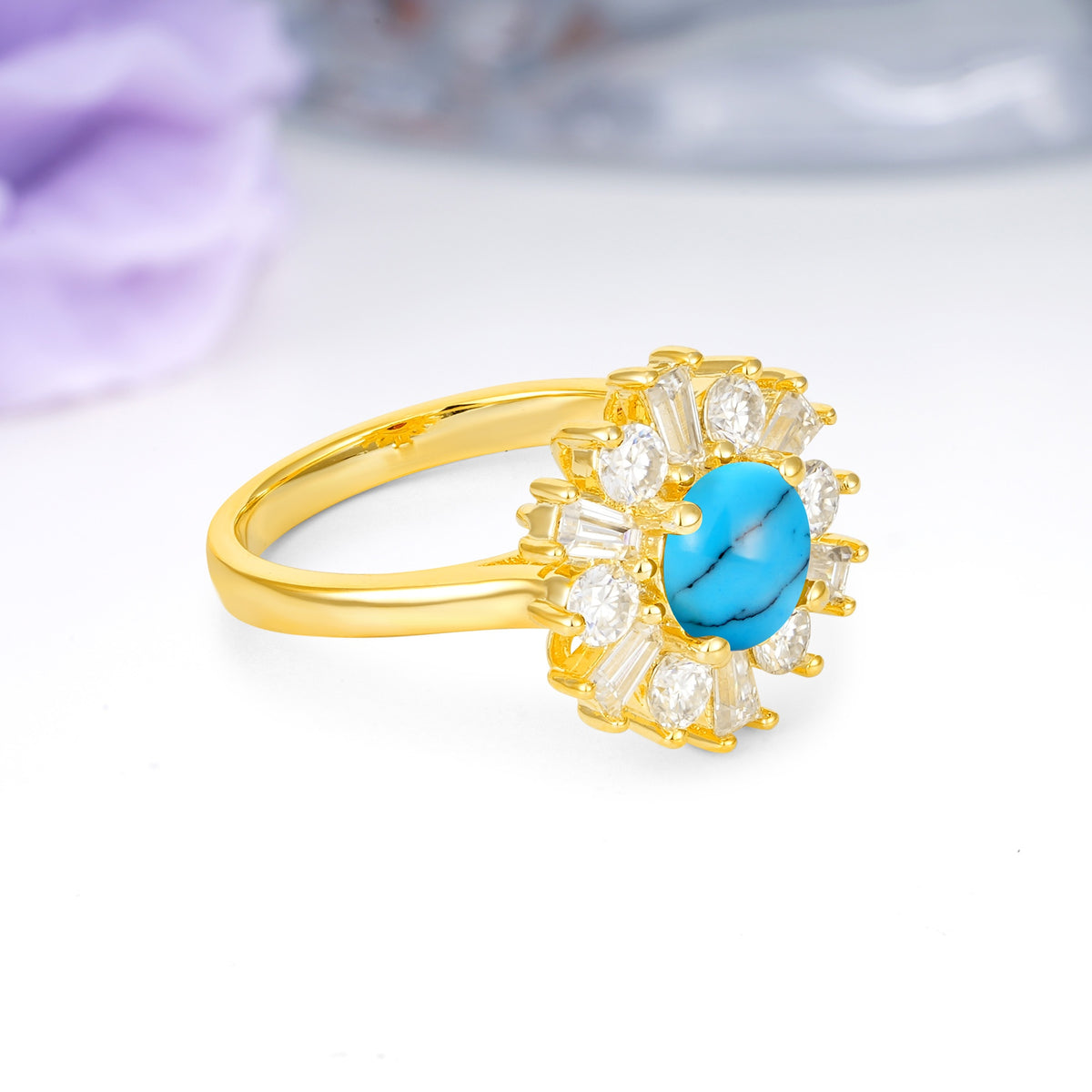 Unique Luxurious 4-Prong Round Cut Turquoise Engagement Ring - Additional view