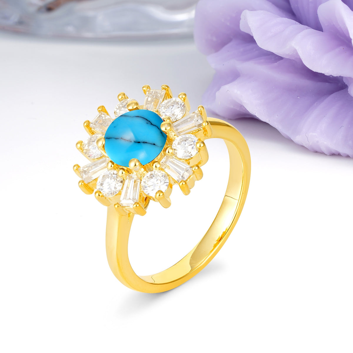 Unique Luxurious 4-Prong Round Cut Turquoise Engagement Ring - Additional view