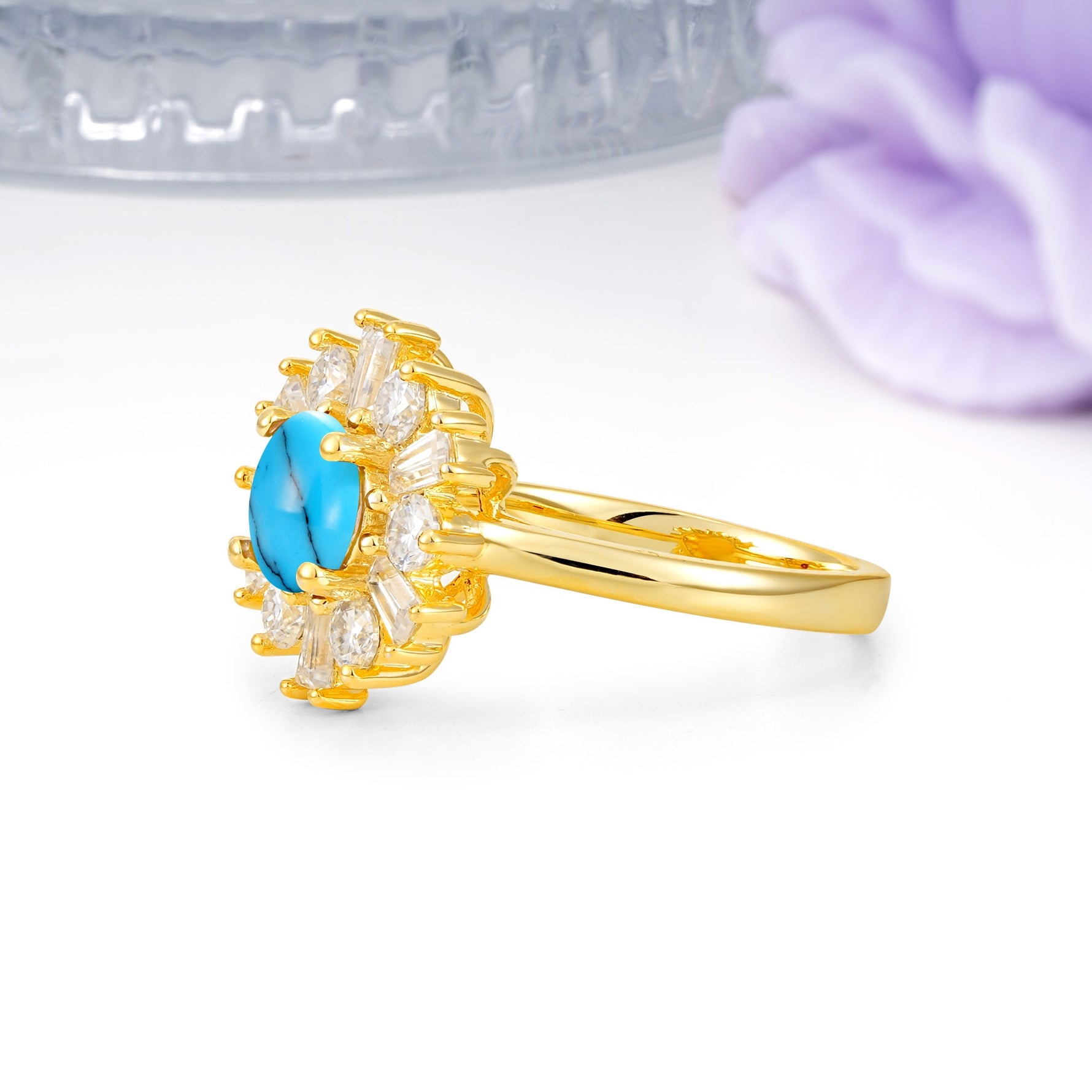 Unique Luxurious 4-Prong Round Cut Turquoise Engagement Ring - Additional view
