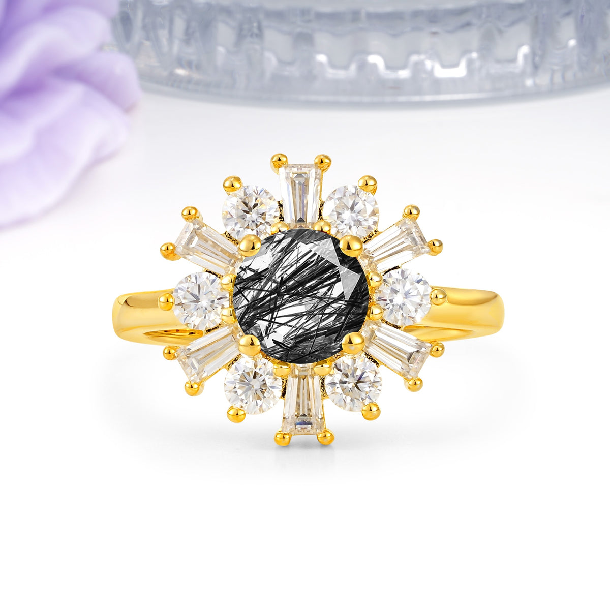 Unique Luxurious 4-Prong Round Cut Black Rutilated Quartz Engagement Ring - Additional view