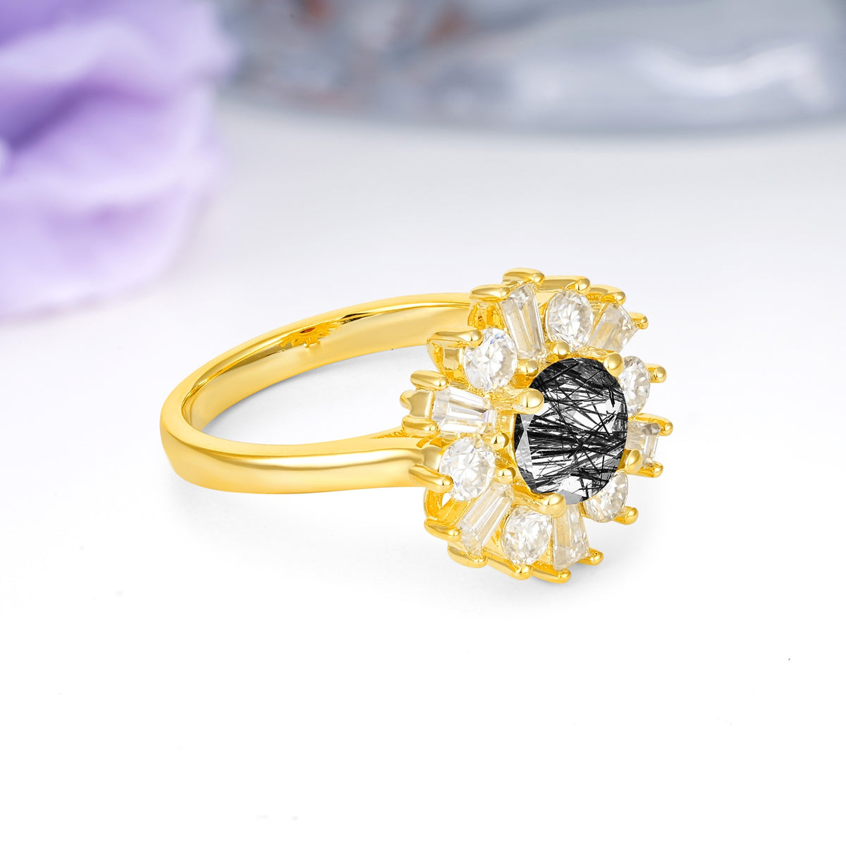 Unique Luxurious 4-Prong Round Cut Black Rutilated Quartz Engagement Ring - Additional view