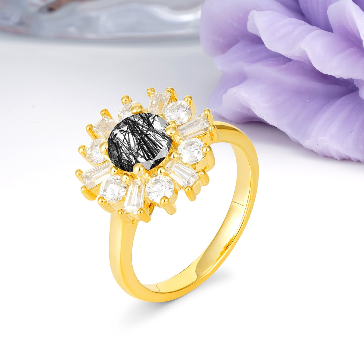 Unique Luxurious 4-Prong Round Cut Black Rutilated Quartz Engagement Ring - Additional view