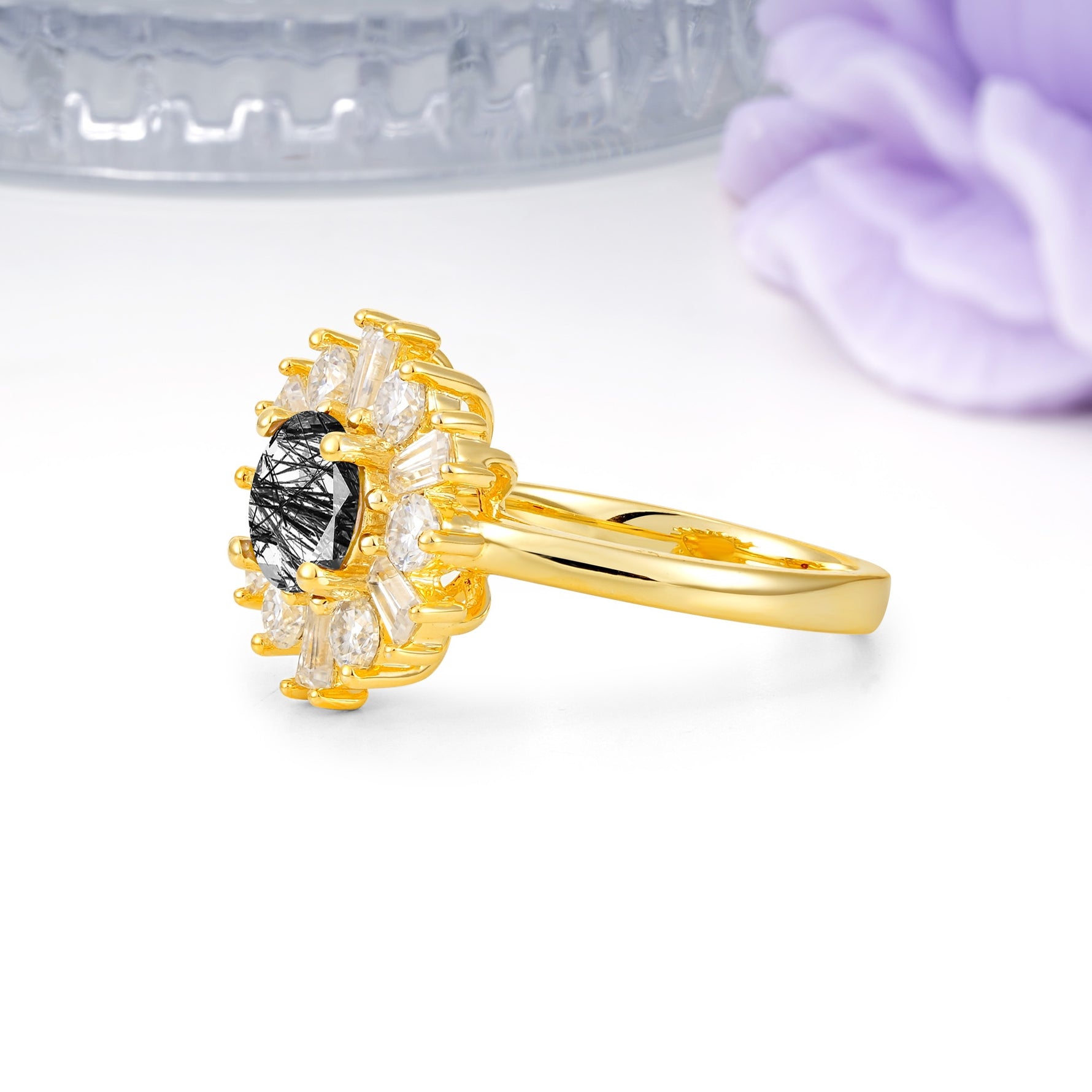 Unique Luxurious 4-Prong Round Cut Black Rutilated Quartz Engagement Ring - Additional view