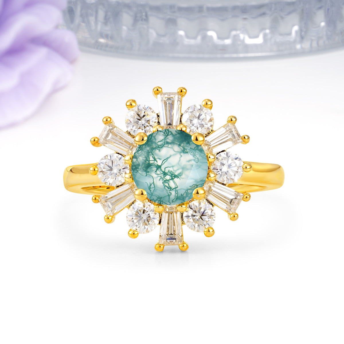 Unique Luxurious 4-Prong Round Cut Moss Agate Engagement Ring - Additional view