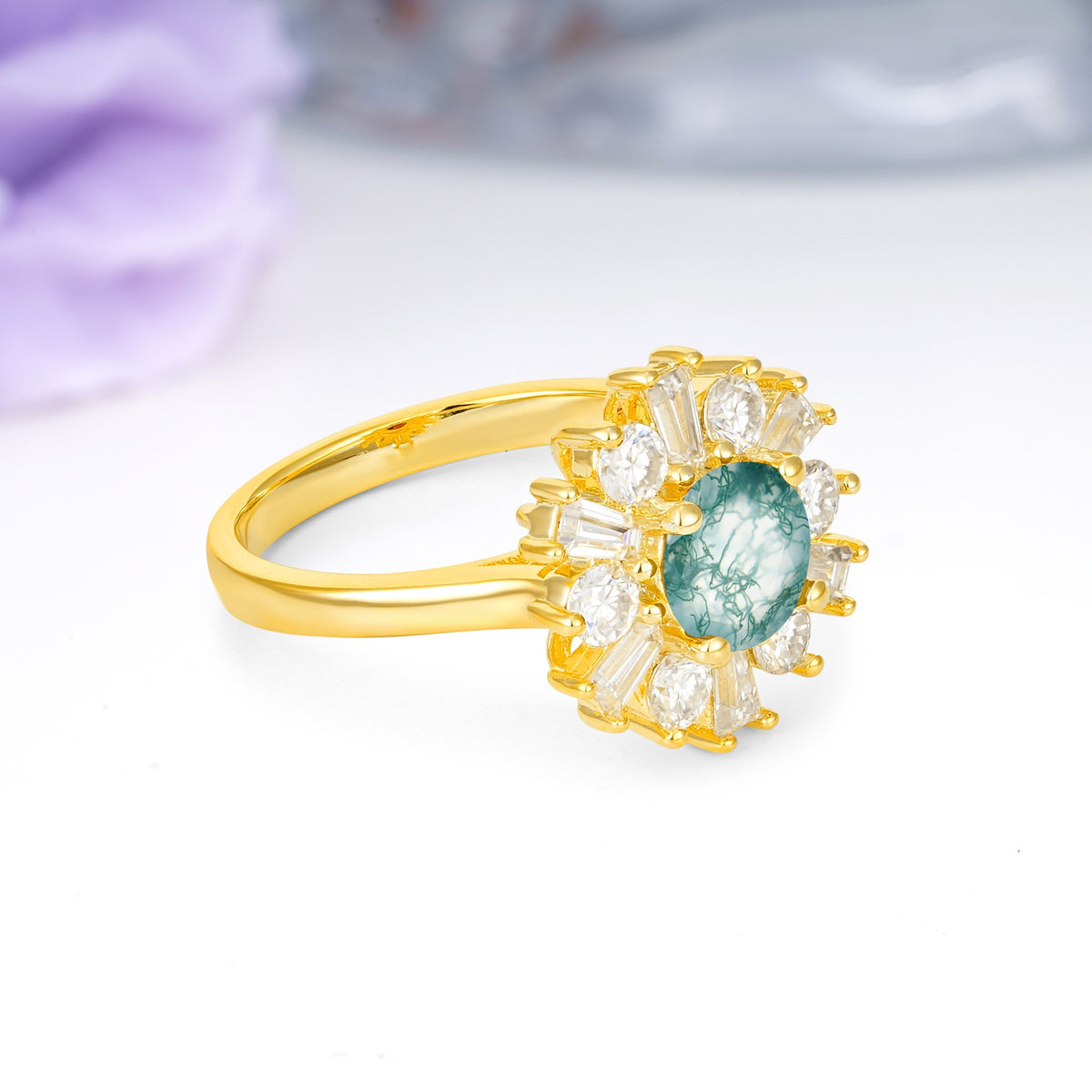 Unique Luxurious 4-Prong Round Cut Moss Agate Engagement Ring - Additional view