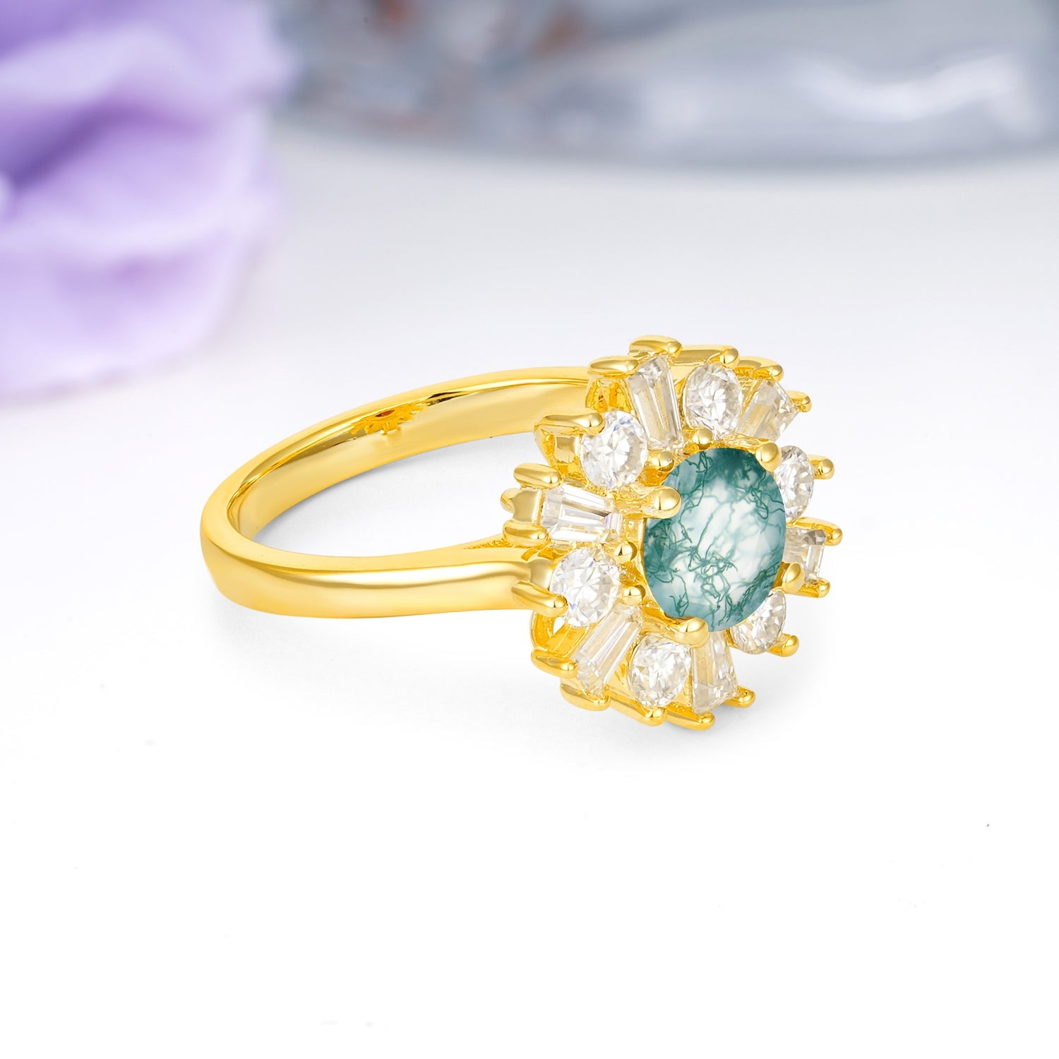 Unique Luxurious 4-Prong Round Cut Moss Agate Engagement Ring - Additional view