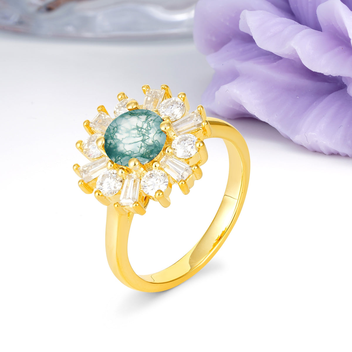 Unique Luxurious 4-Prong Round Cut Moss Agate Engagement Ring - Additional view