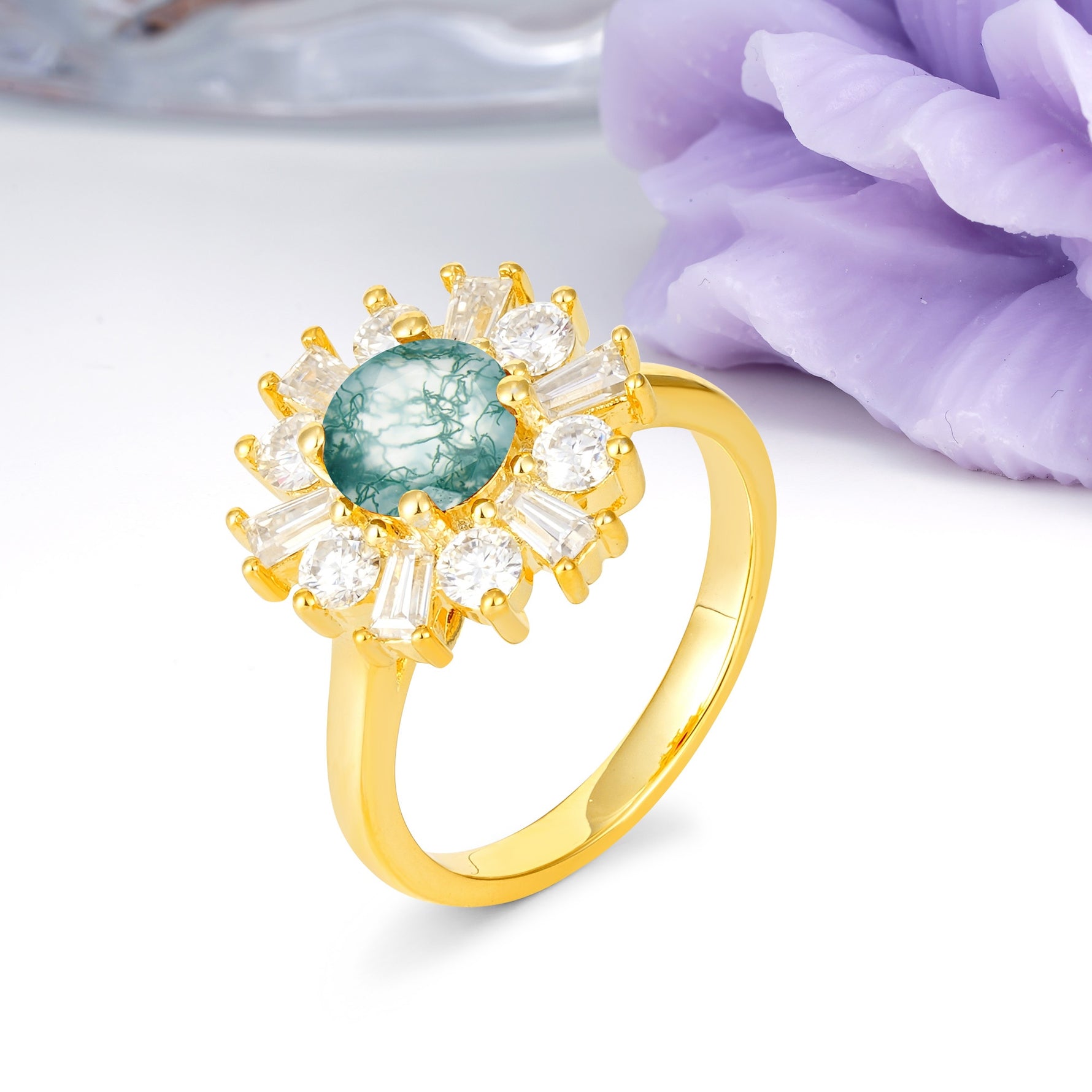 Unique Luxurious 4-Prong Round Cut Moss Agate Engagement Ring - Additional view