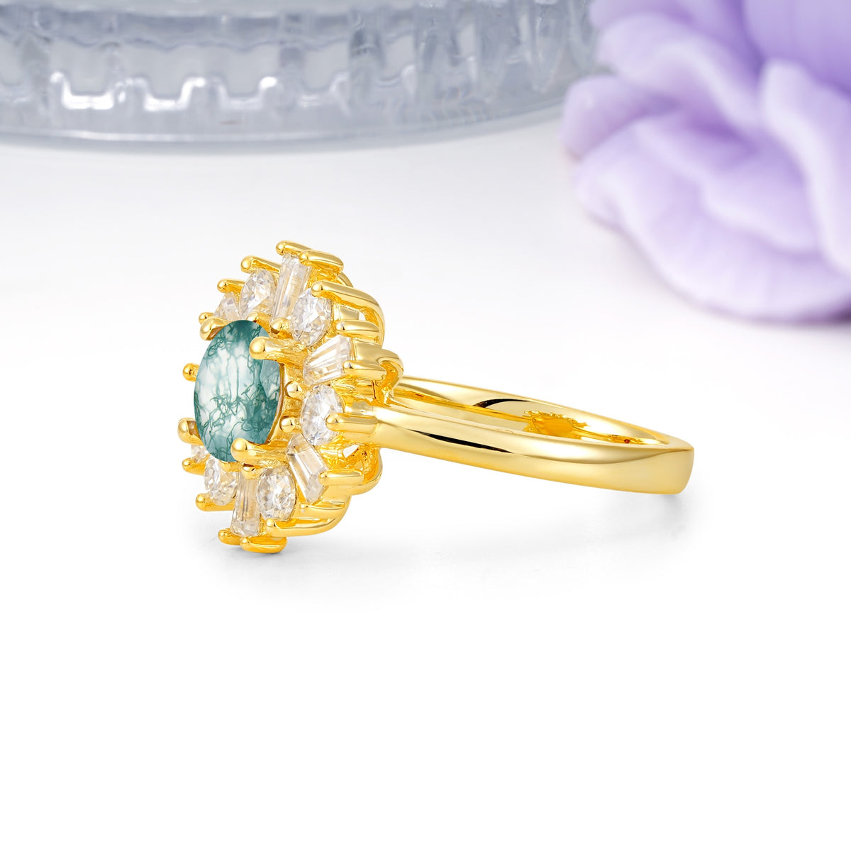 Unique Luxurious 4-Prong Round Cut Moss Agate Engagement Ring - Additional view