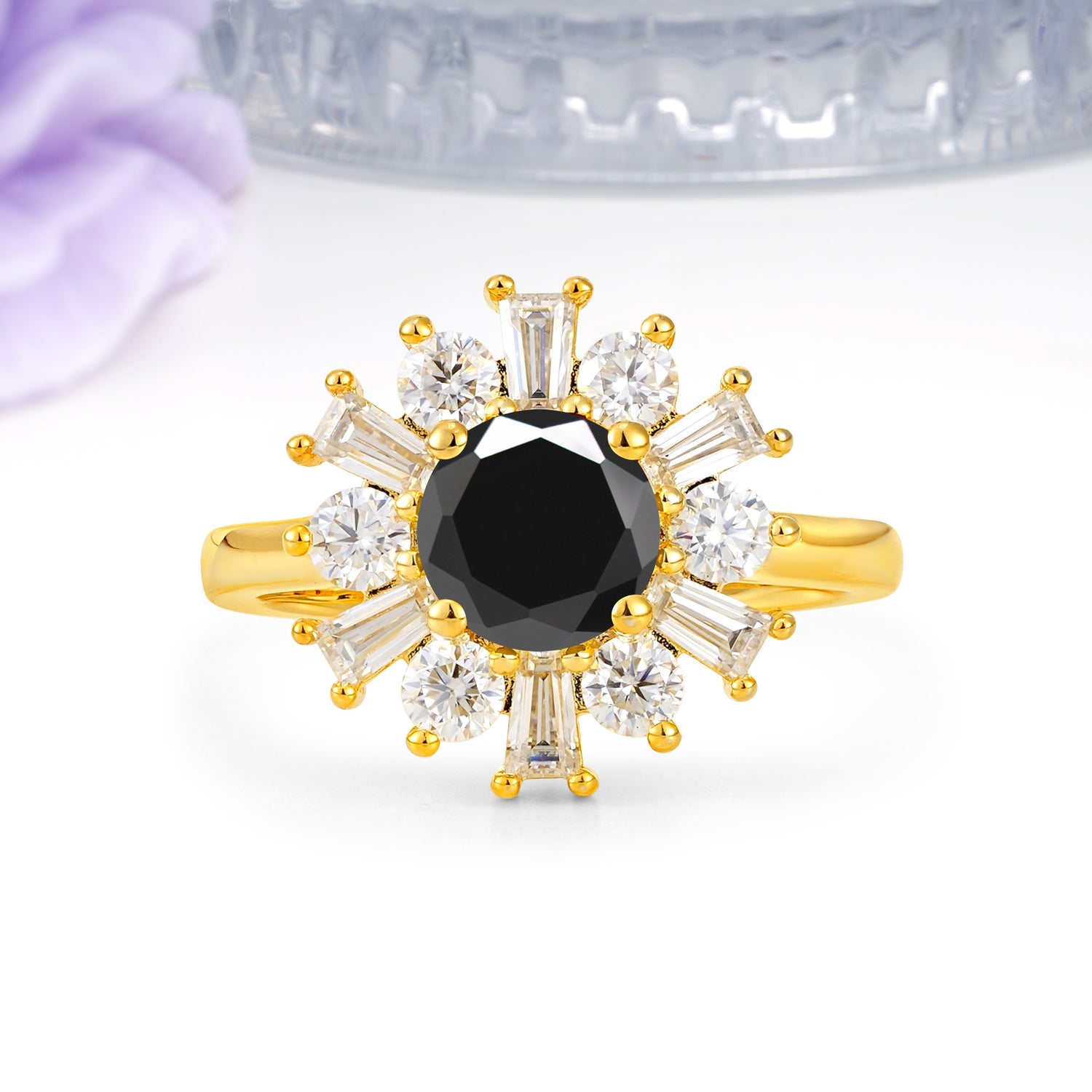 Unique Luxurious 4-Prong Round Cut Black Onyx Engagement Ring - Additional view