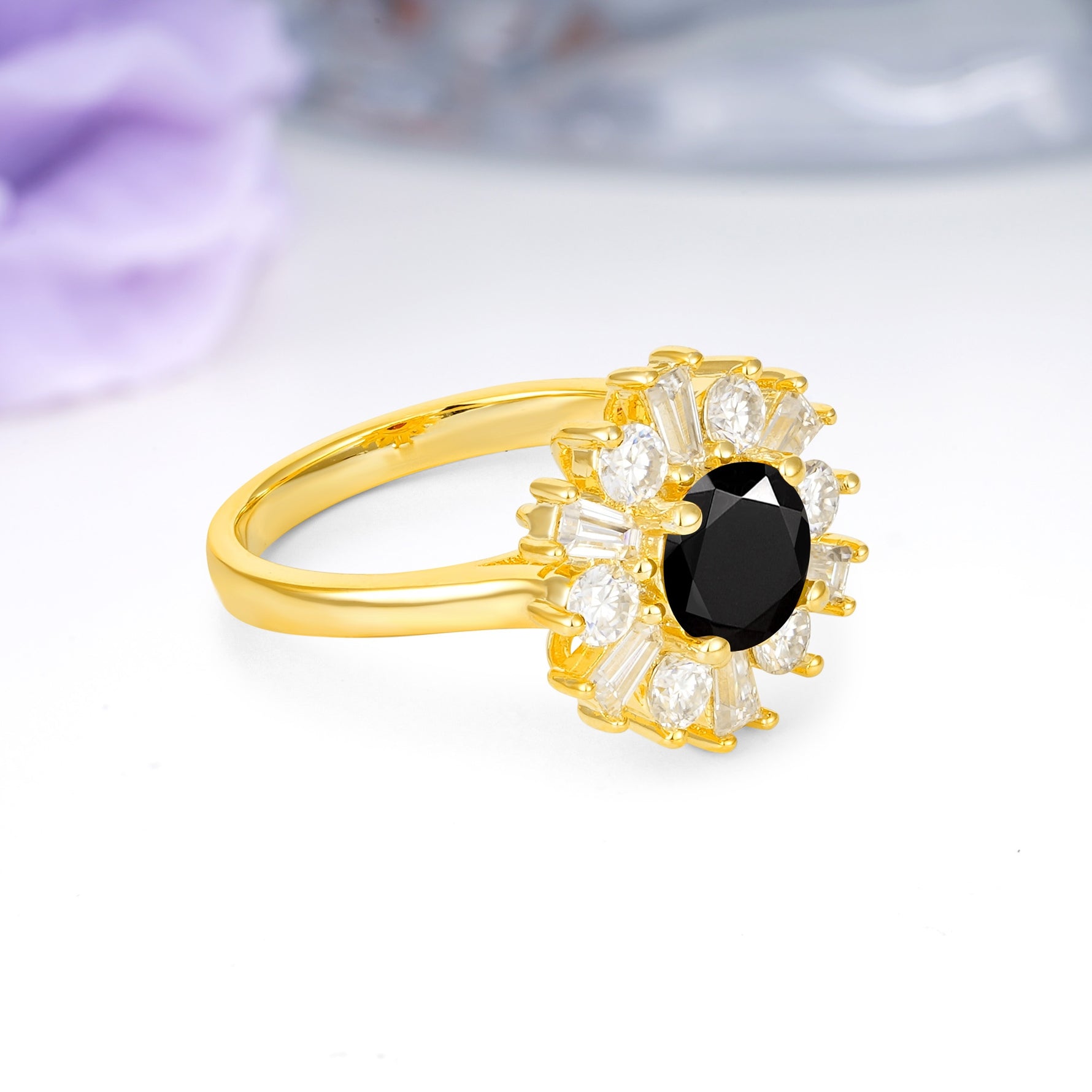 Unique Luxurious 4-Prong Round Cut Black Onyx Engagement Ring - Additional view