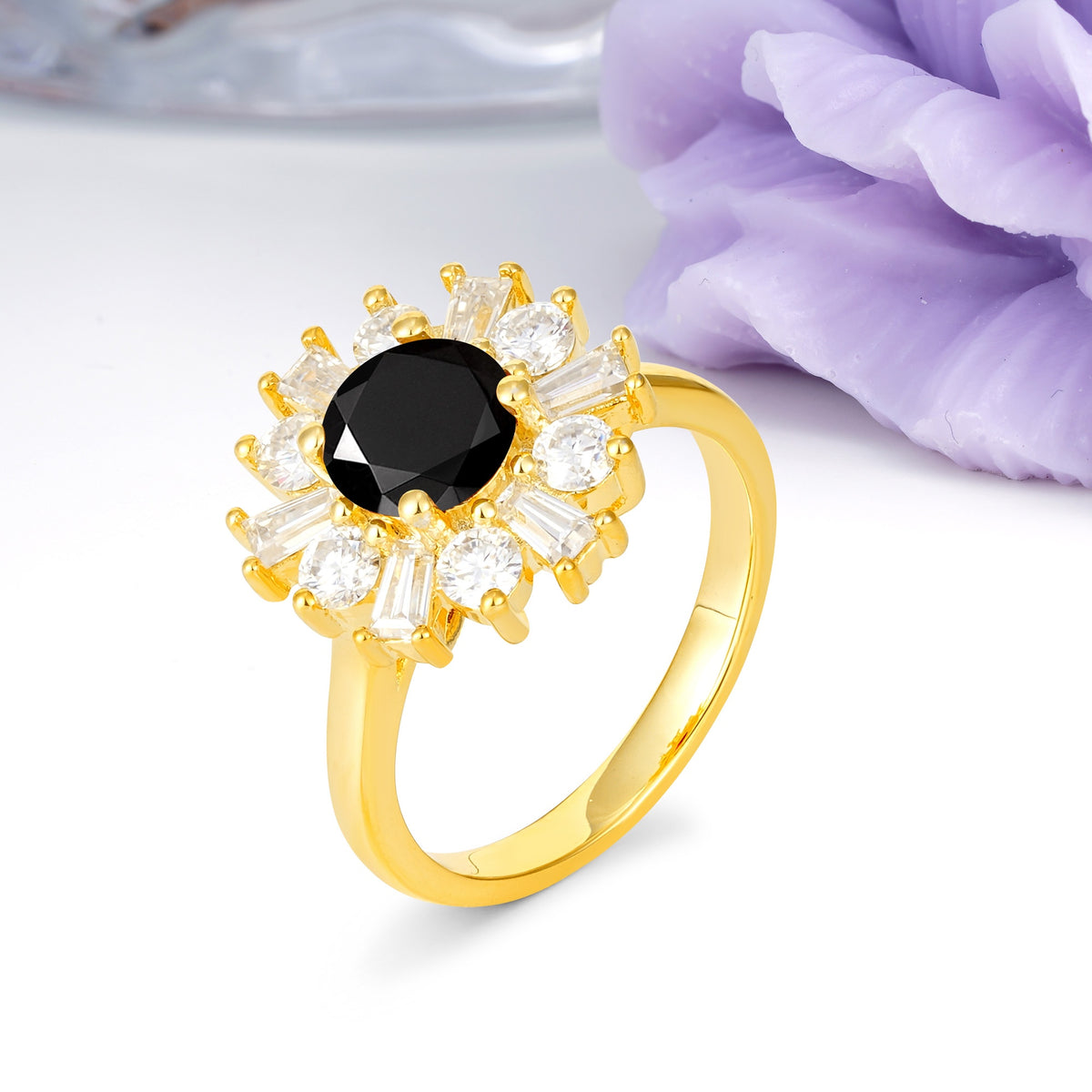 Unique Luxurious 4-Prong Round Cut Black Onyx Engagement Ring - Additional view