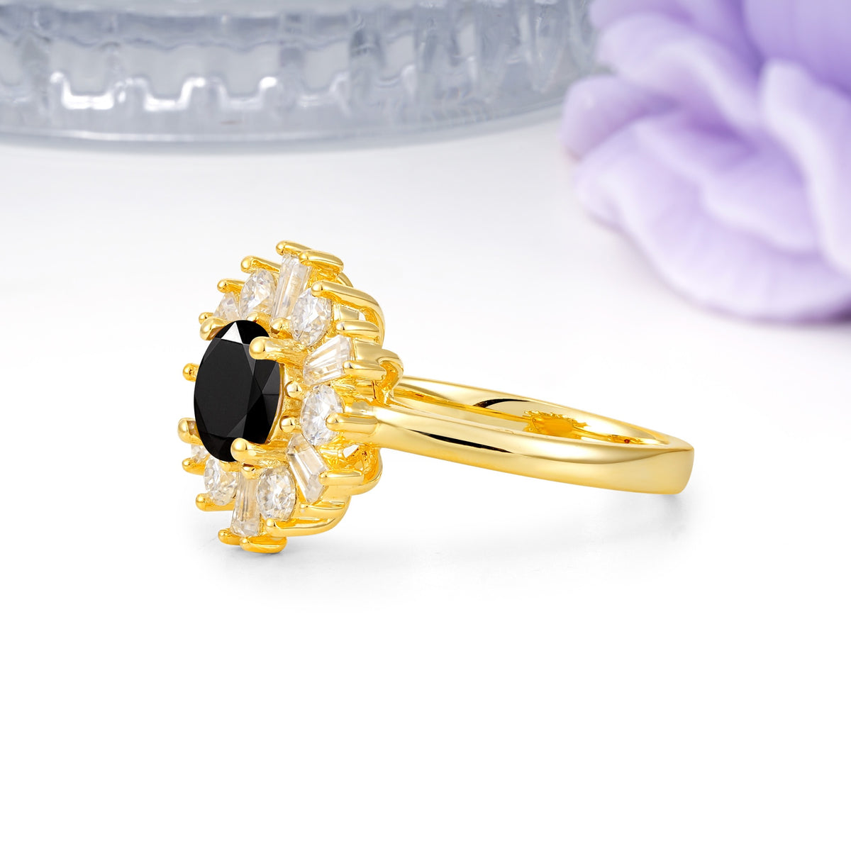 Unique Luxurious 4-Prong Round Cut Black Onyx Engagement Ring - Additional view