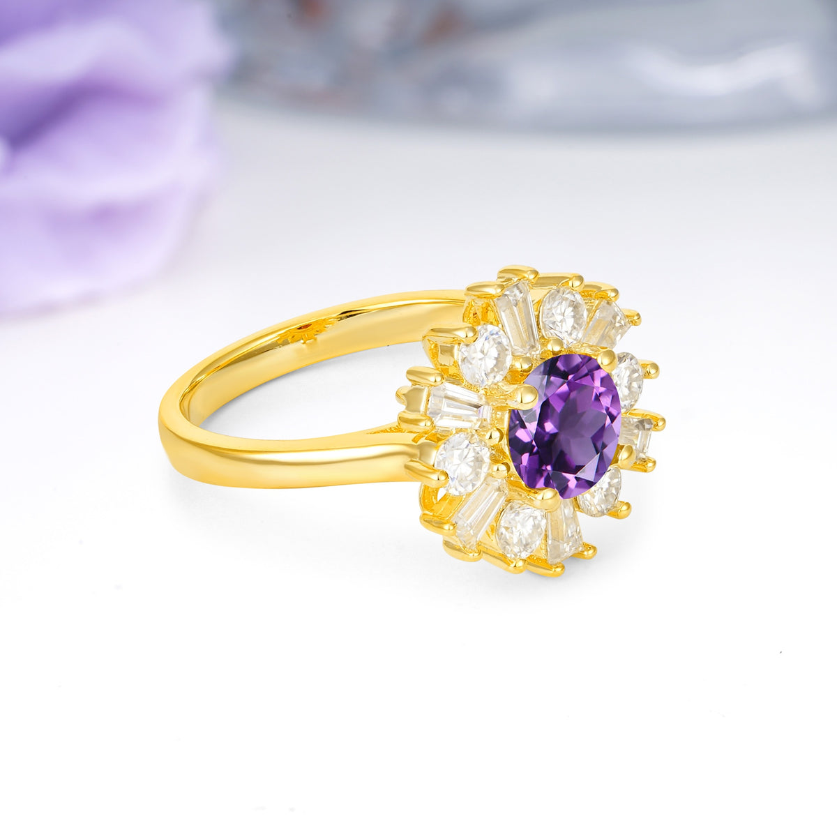 Unique Luxurious 4-Prong Round Cut Amethyst Engagement Ring - Additional view