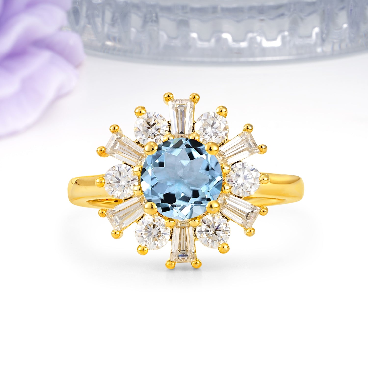 Unique Luxurious 4-Prong Round Cut Aquamarine Engagement Ring - Additional view