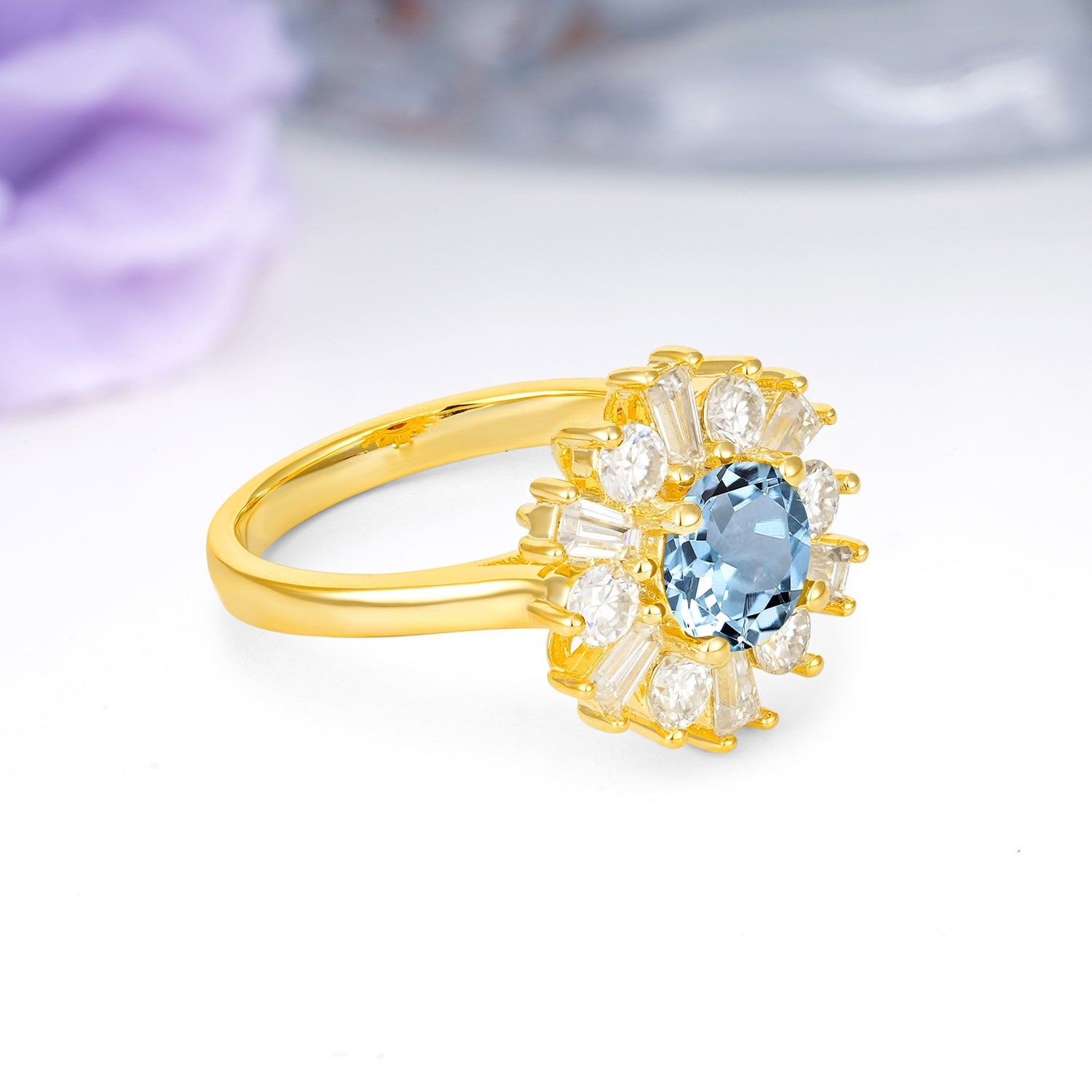 Unique Luxurious 4-Prong Round Cut Aquamarine Engagement Ring - Additional view