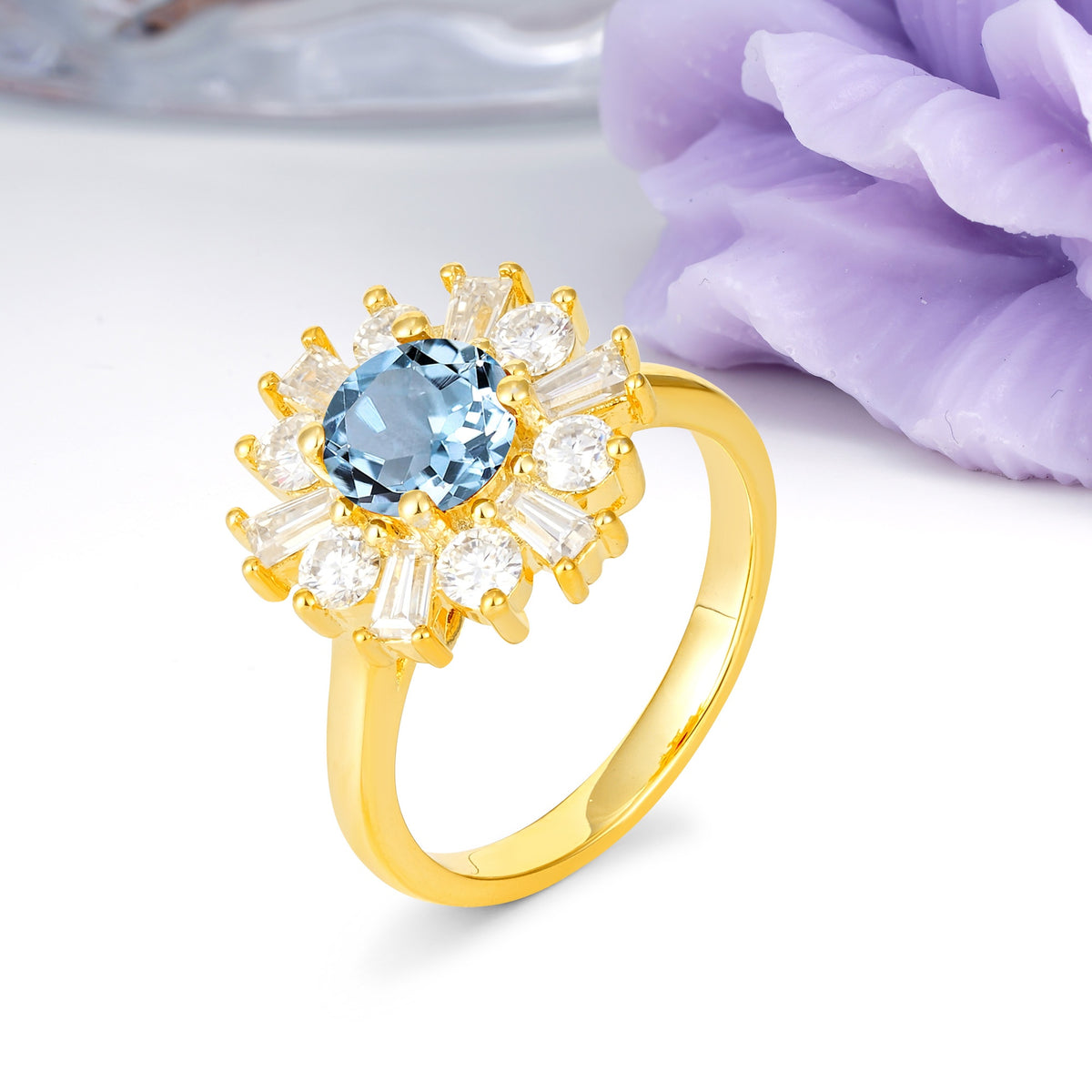 Unique Luxurious 4-Prong Round Cut Aquamarine Engagement Ring - Additional view
