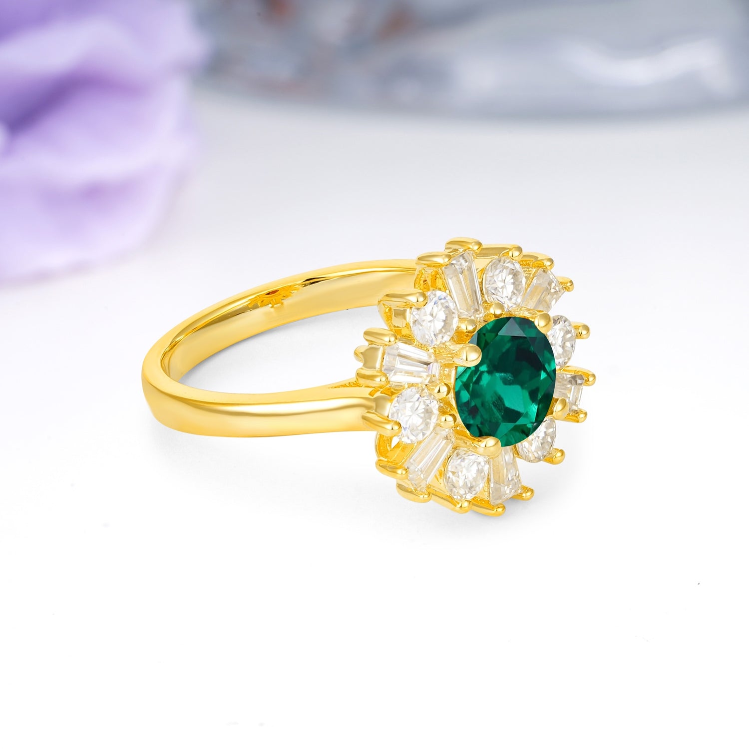 Unique Luxurious 4-Prong Round Cut Emerald Engagement Ring - Additional view