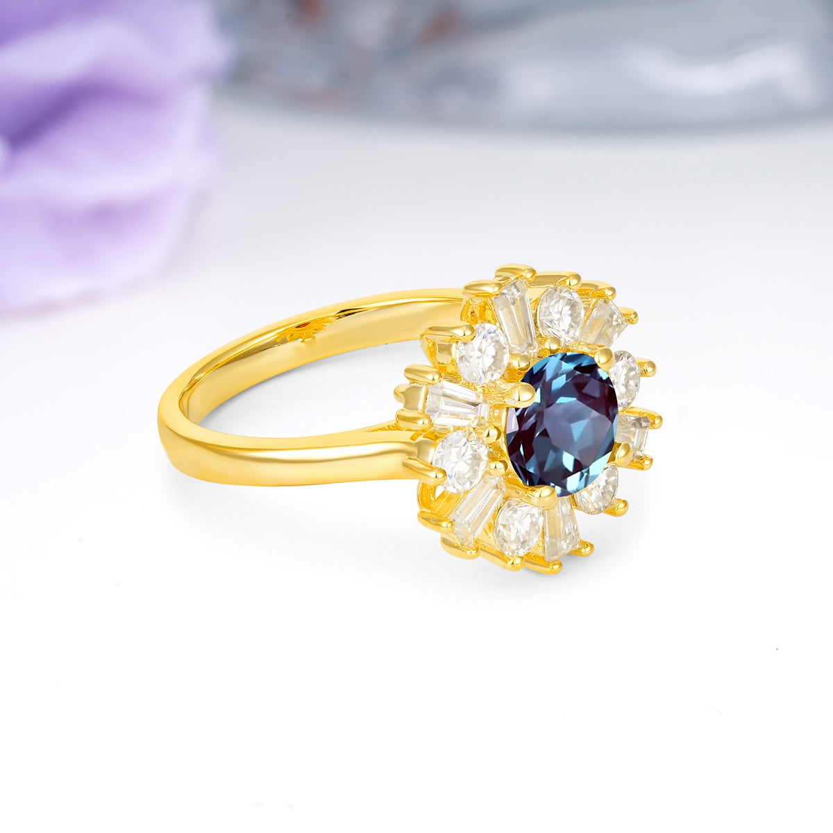Unique Luxurious 4-Prong Round Cut Alexandrite Engagement Ring - Additional view