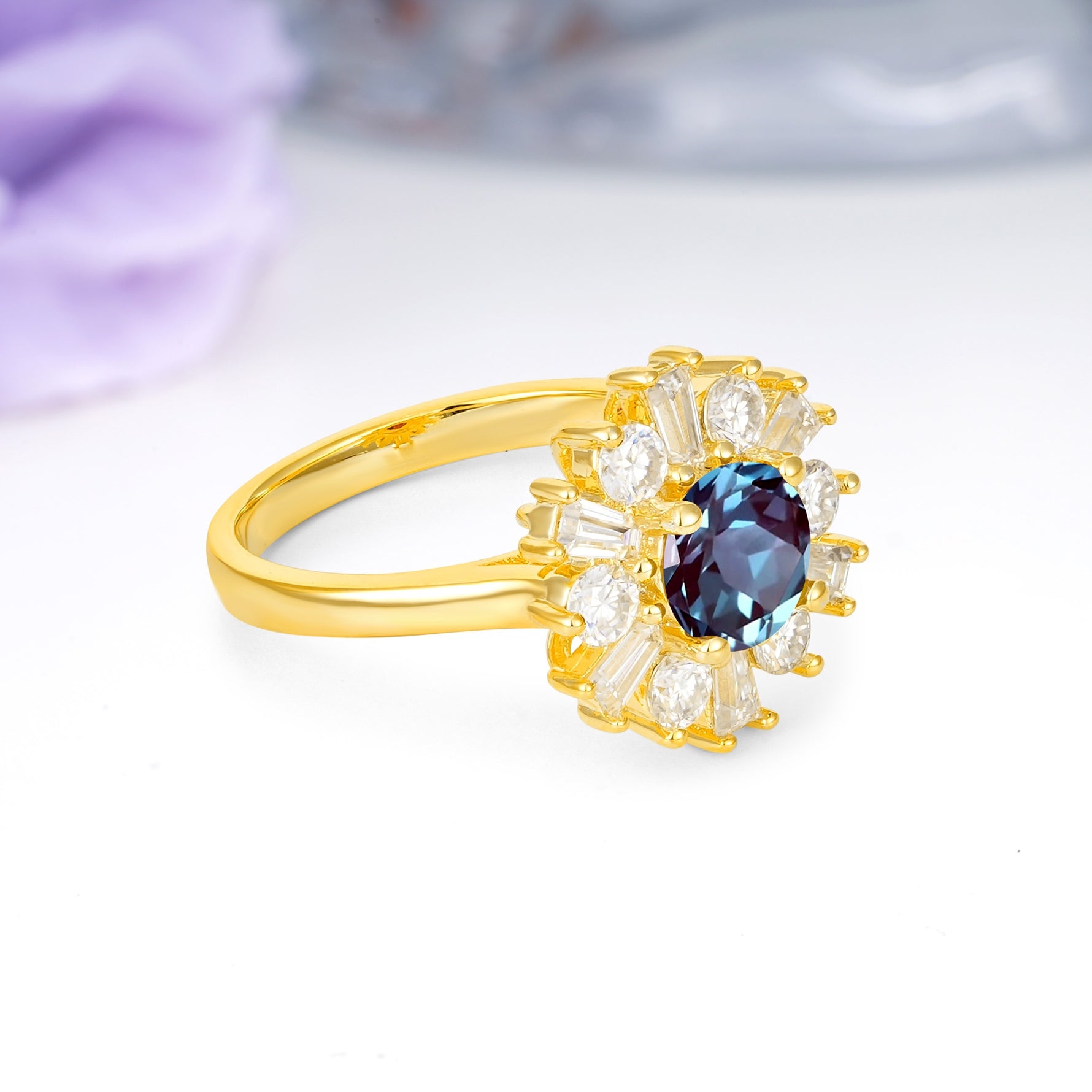 Unique Luxurious 4-Prong Round Cut Alexandrite Engagement Ring - Additional view