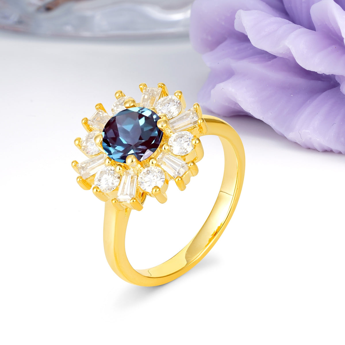 Unique Luxurious 4-Prong Round Cut Alexandrite Engagement Ring - Additional view