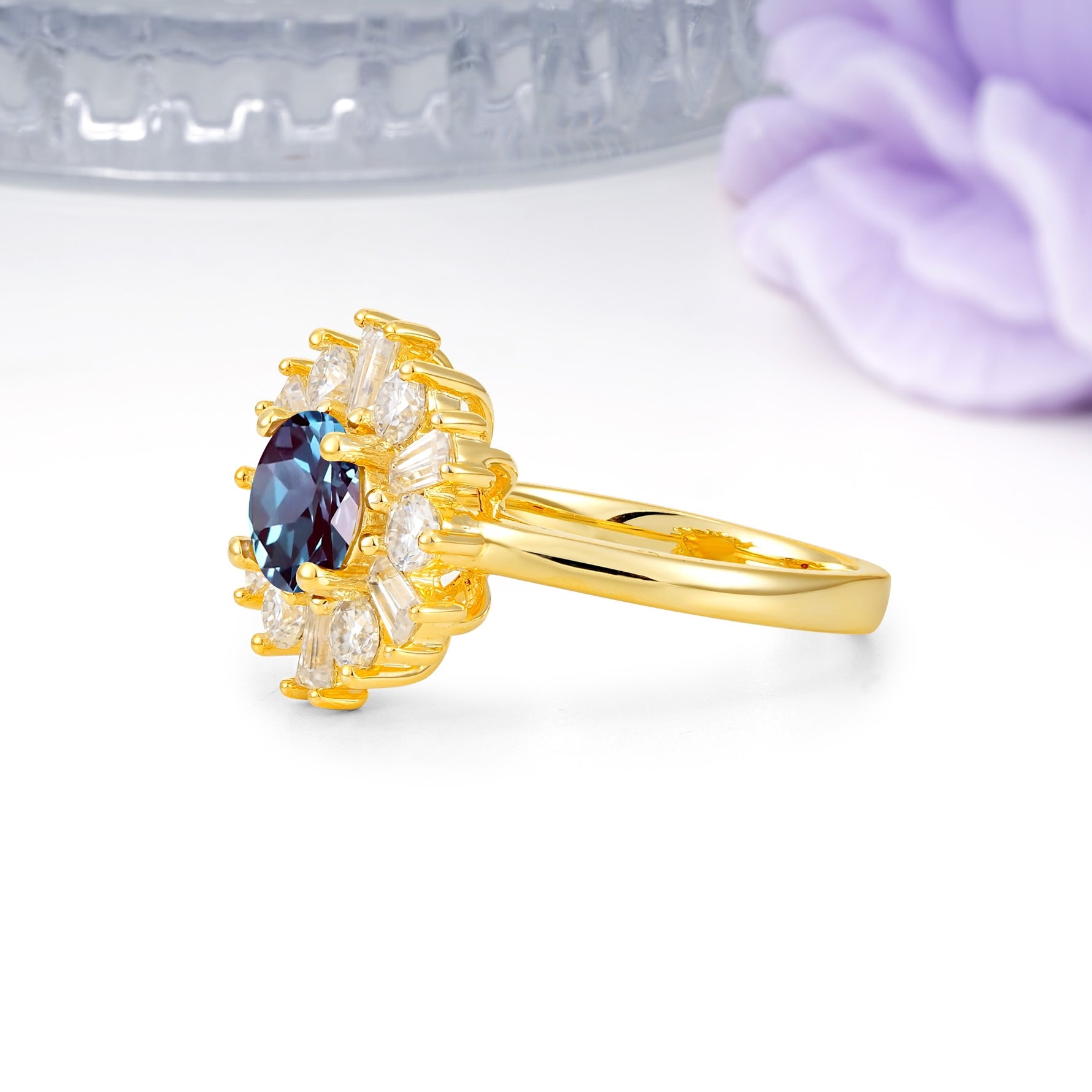 Unique Luxurious 4-Prong Round Cut Alexandrite Engagement Ring - Additional view