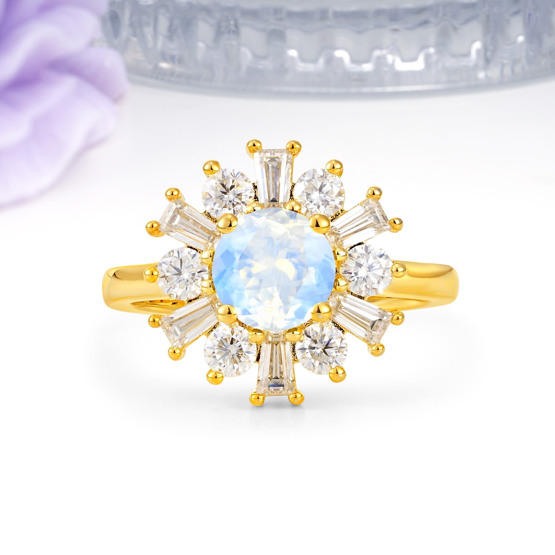 Unique Luxurious 4-Prong Round Cut Moonstone Engagement Ring - Additional view