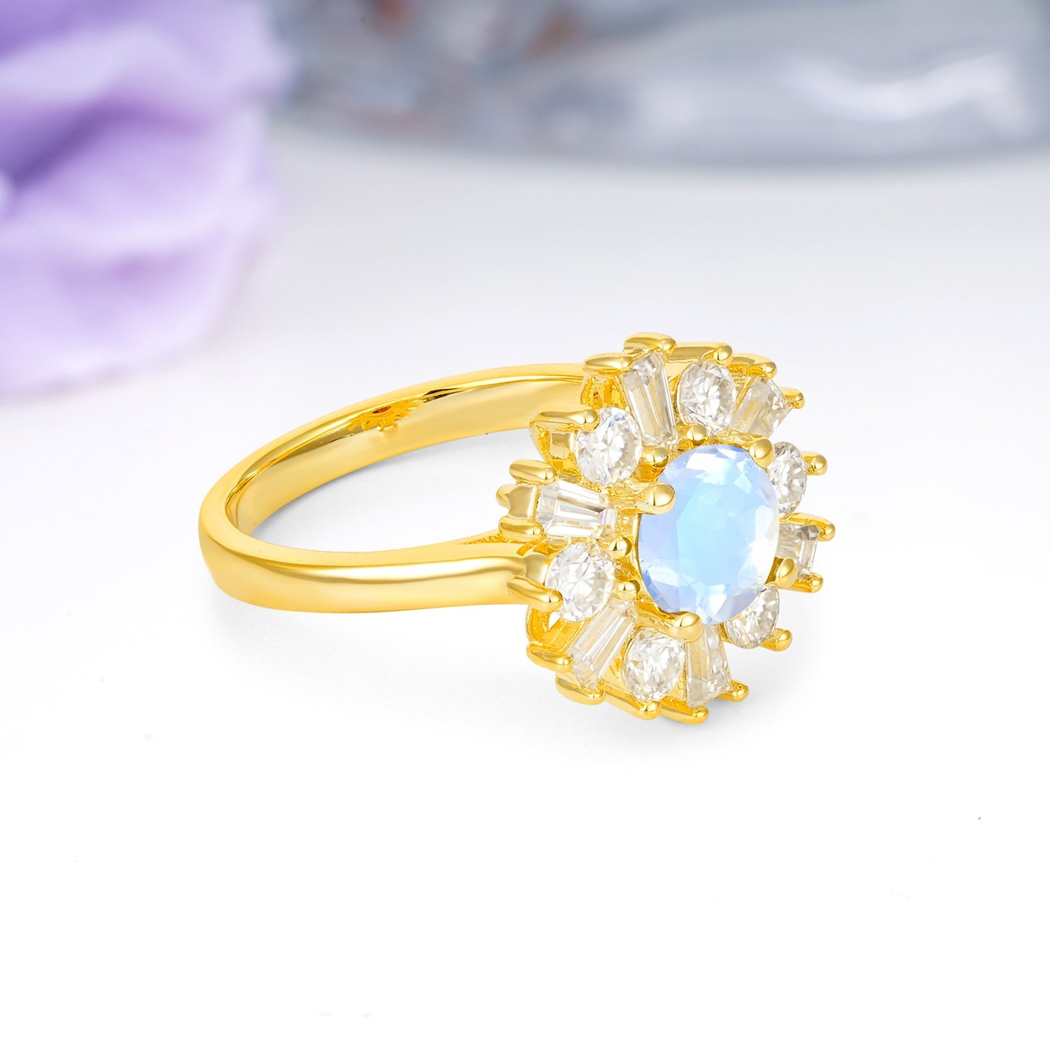 Unique Luxurious 4-Prong Round Cut Moonstone Engagement Ring - Additional view