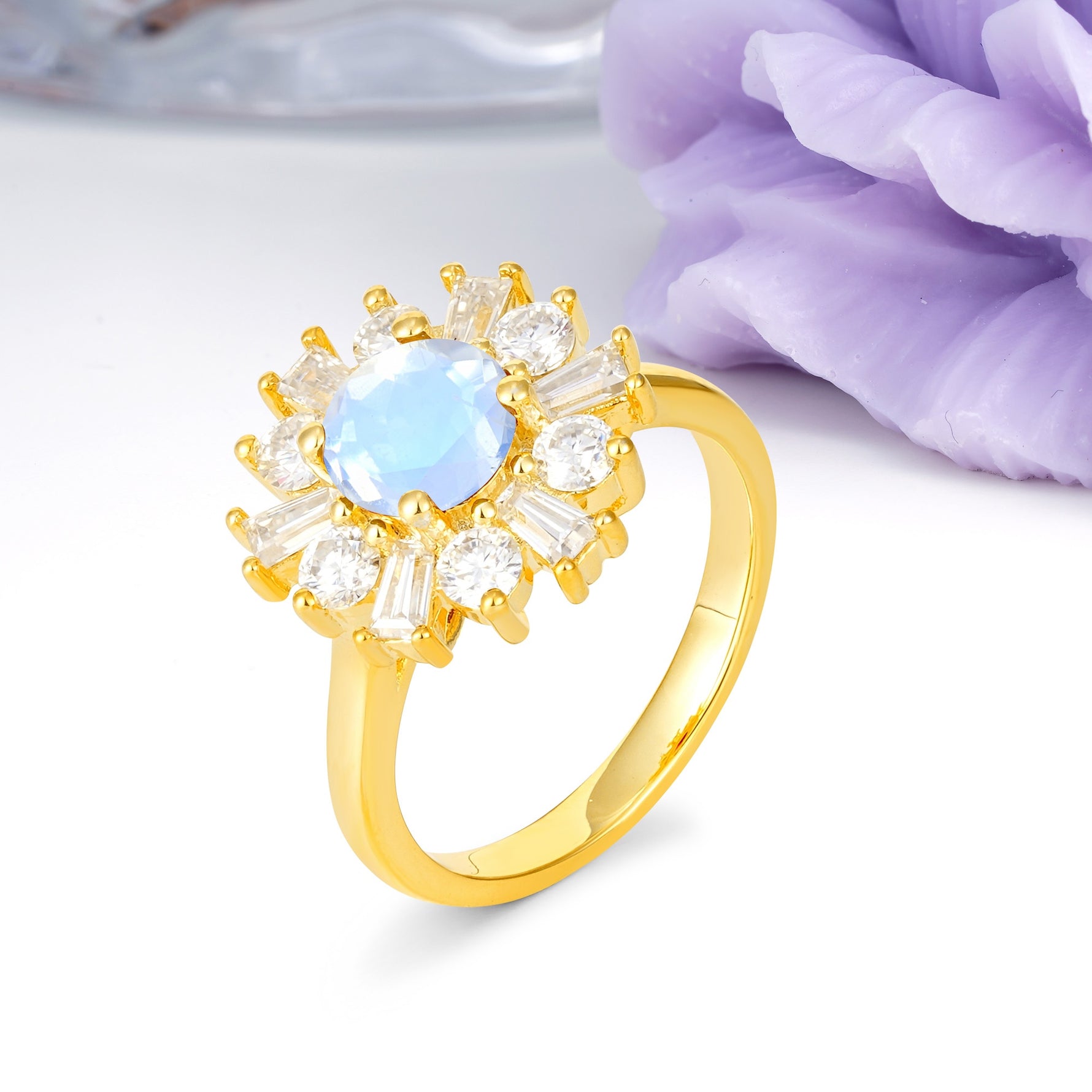 Unique Luxurious 4-Prong Round Cut Moonstone Engagement Ring - Additional view