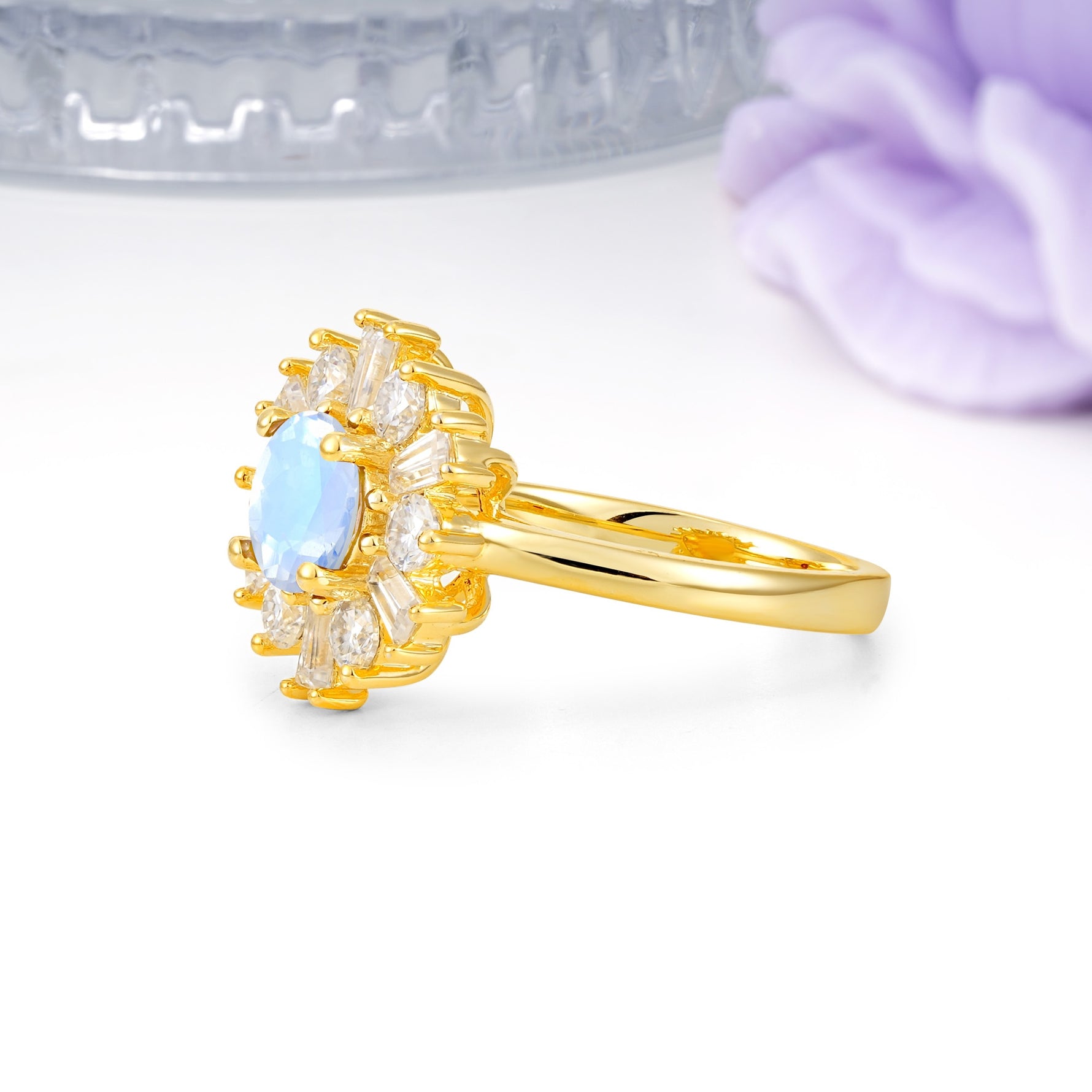 Unique Luxurious 4-Prong Round Cut Moonstone Engagement Ring - Additional view