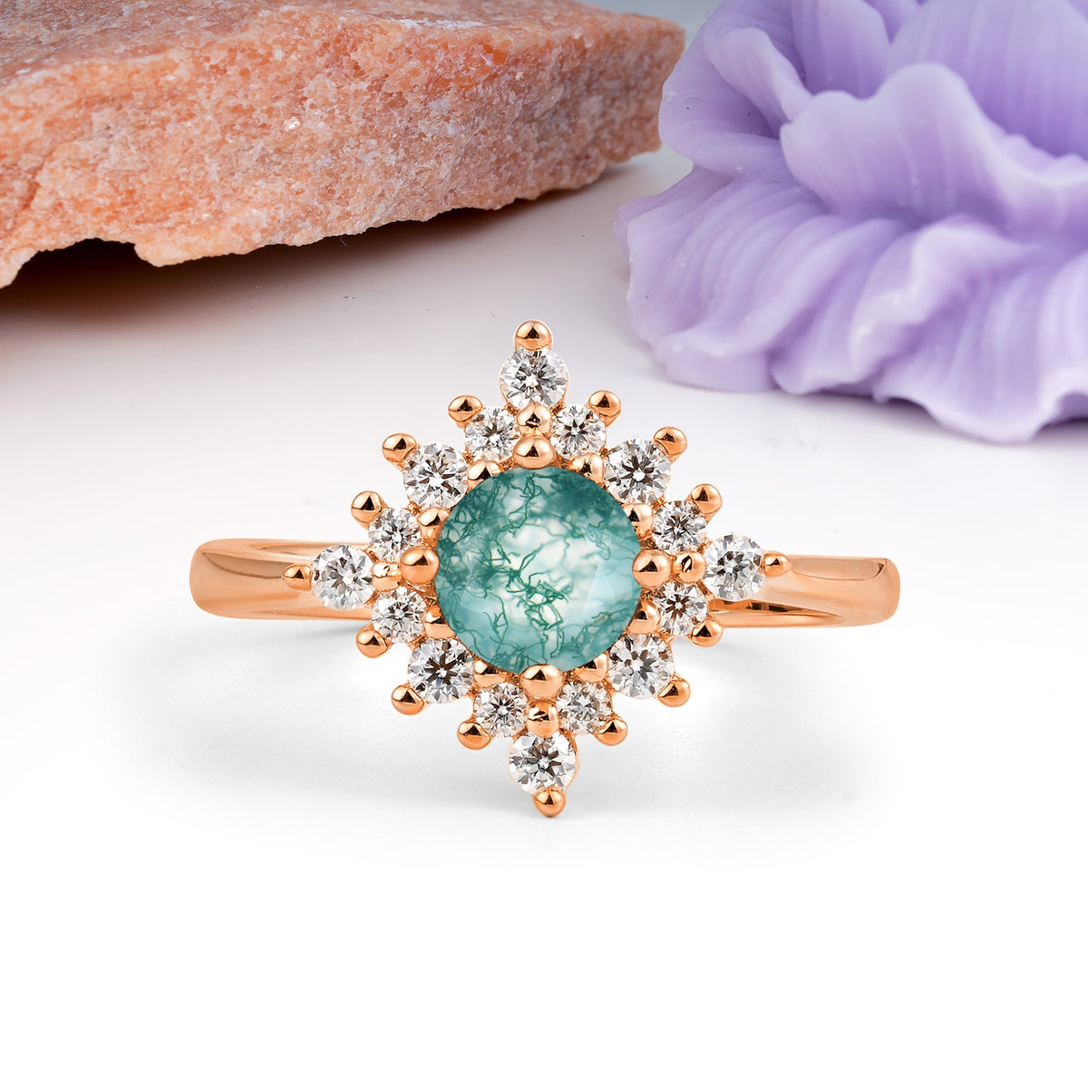 Distinctive 4 Prong Round Cut Moss Agate Engagement Ring - Additional view