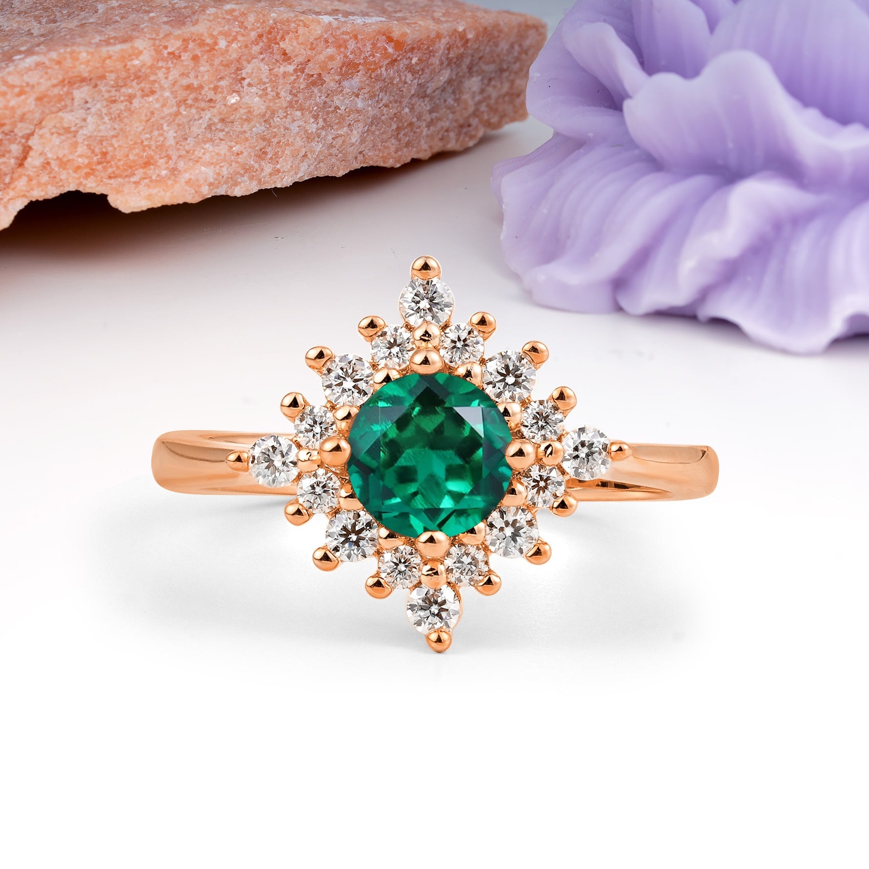 Distinctive 4 Prong Round Cut Emerald Engagement Ring - Additional view