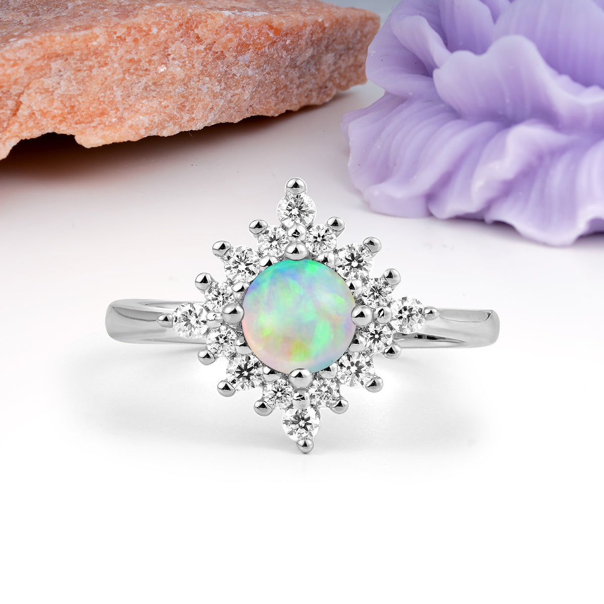 Distinctive 4 Prong Round Cut Fire Opal Engagement Ring - Additional view