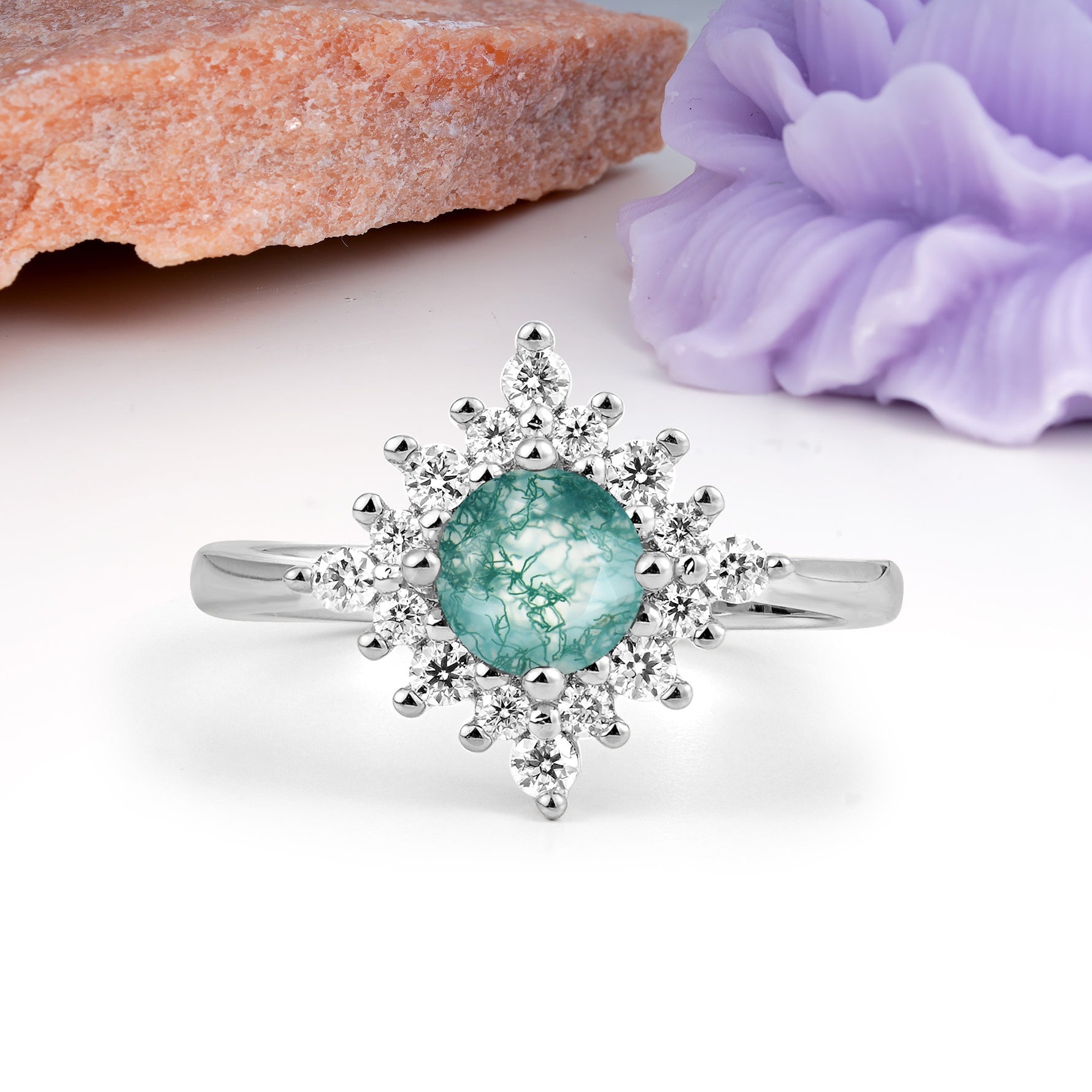 Distinctive 4 Prong Round Cut Moss Agate Engagement Ring - Additional view