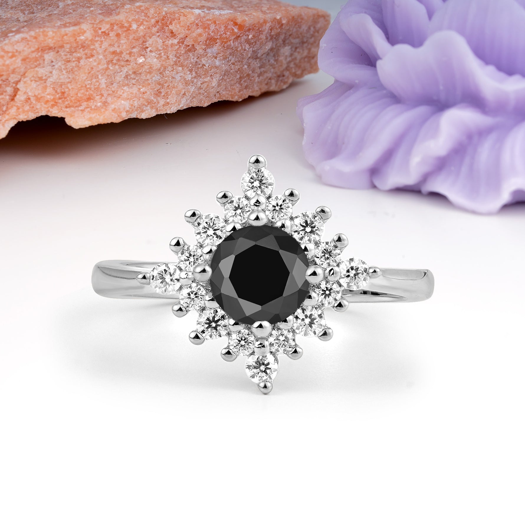 Distinctive 4 Prong Round Cut Black Onyx Engagement Ring - Additional view