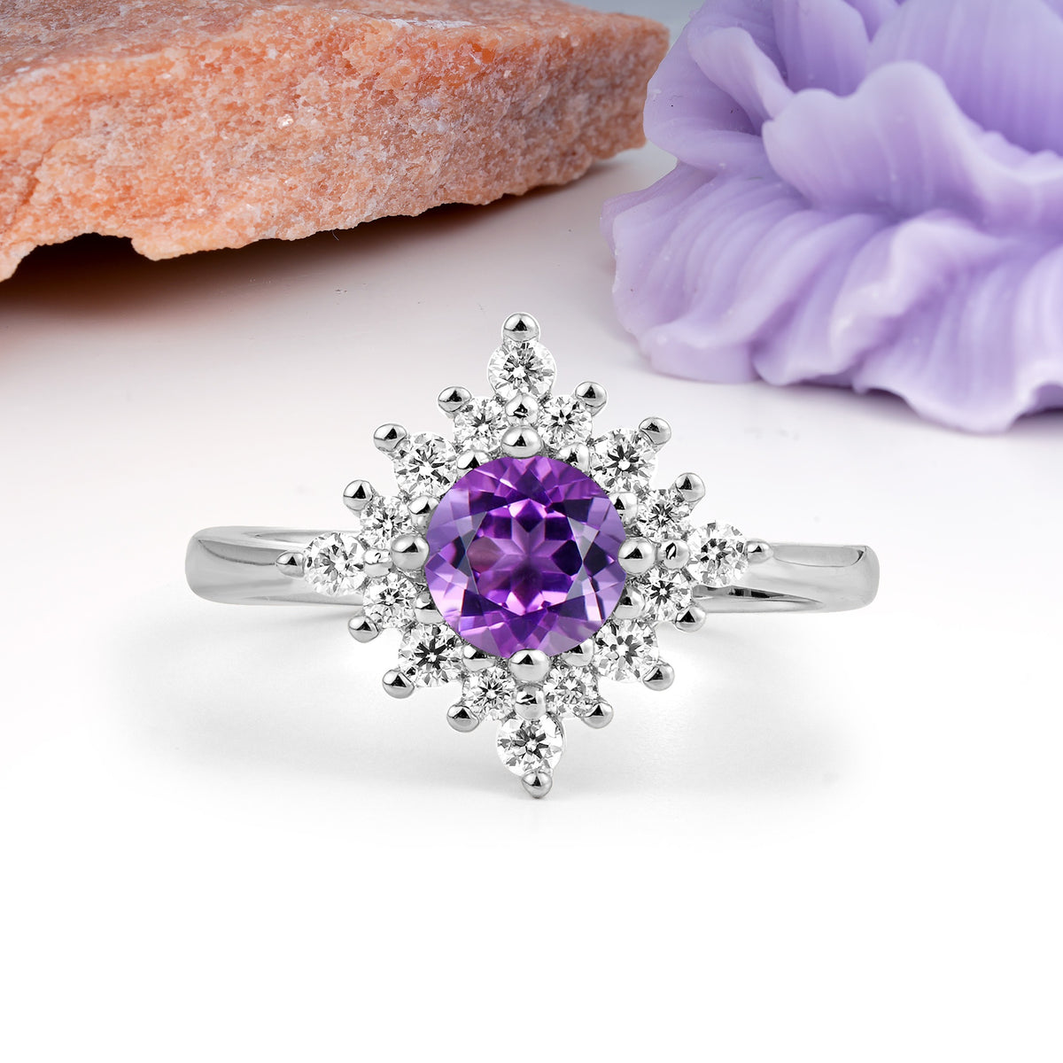 Distinctive 4 Prong Round Cut Amethyst Engagement Ring - Additional view