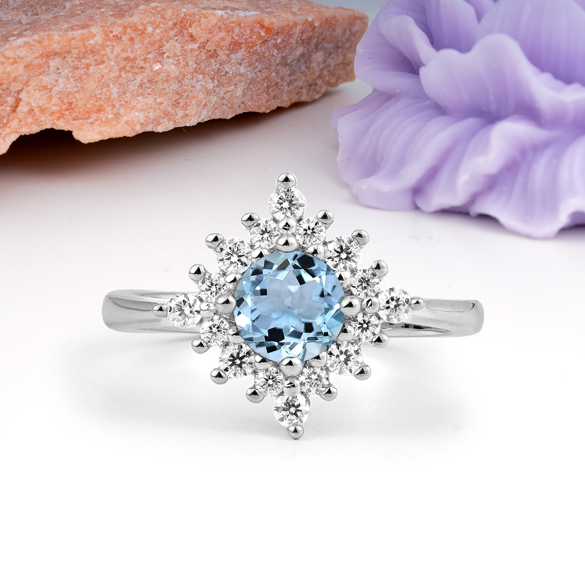 Distinctive 4 Prong Round Cut Aquamarine Engagement Ring - Additional view
