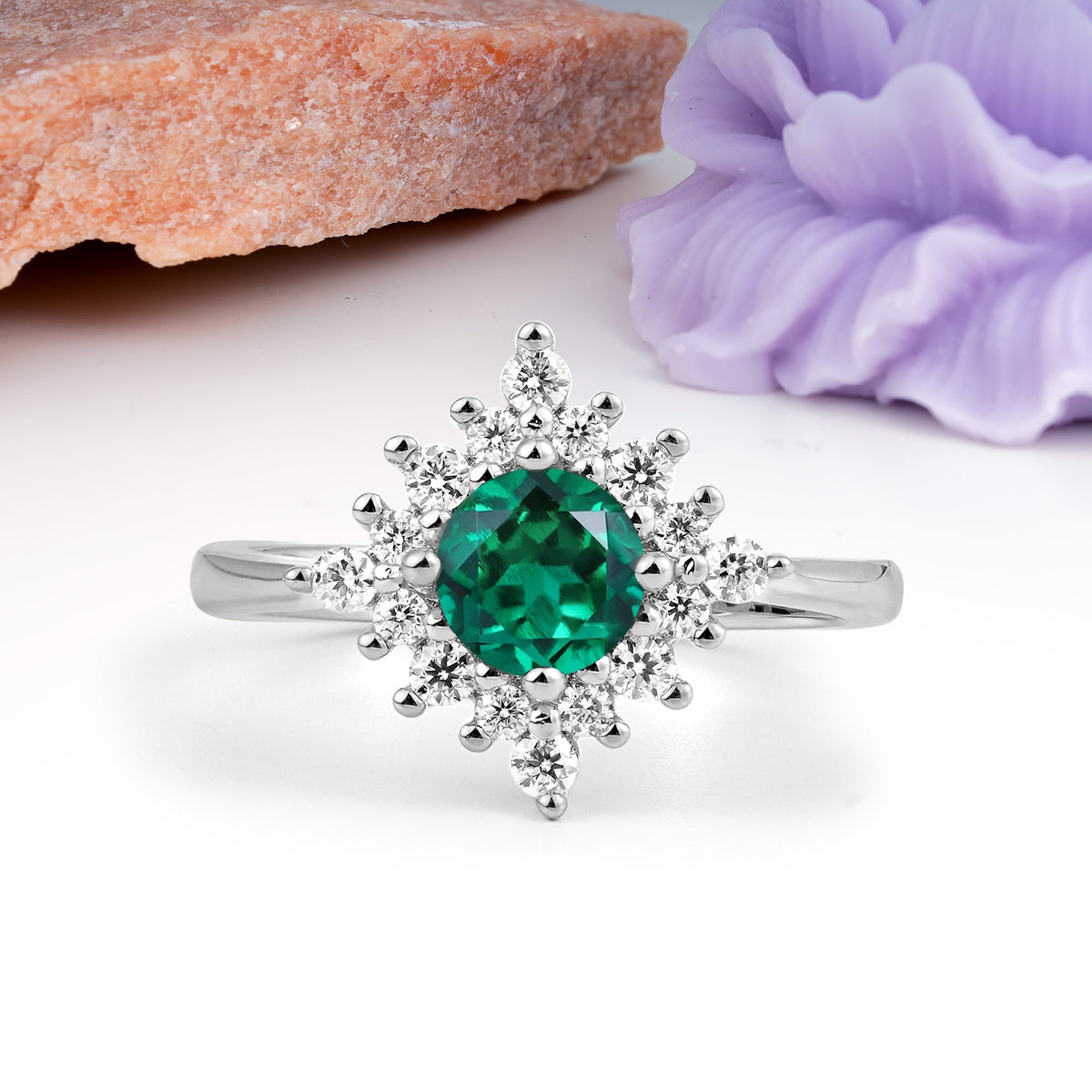 Distinctive 4 Prong Round Cut Emerald Engagement Ring - Additional view
