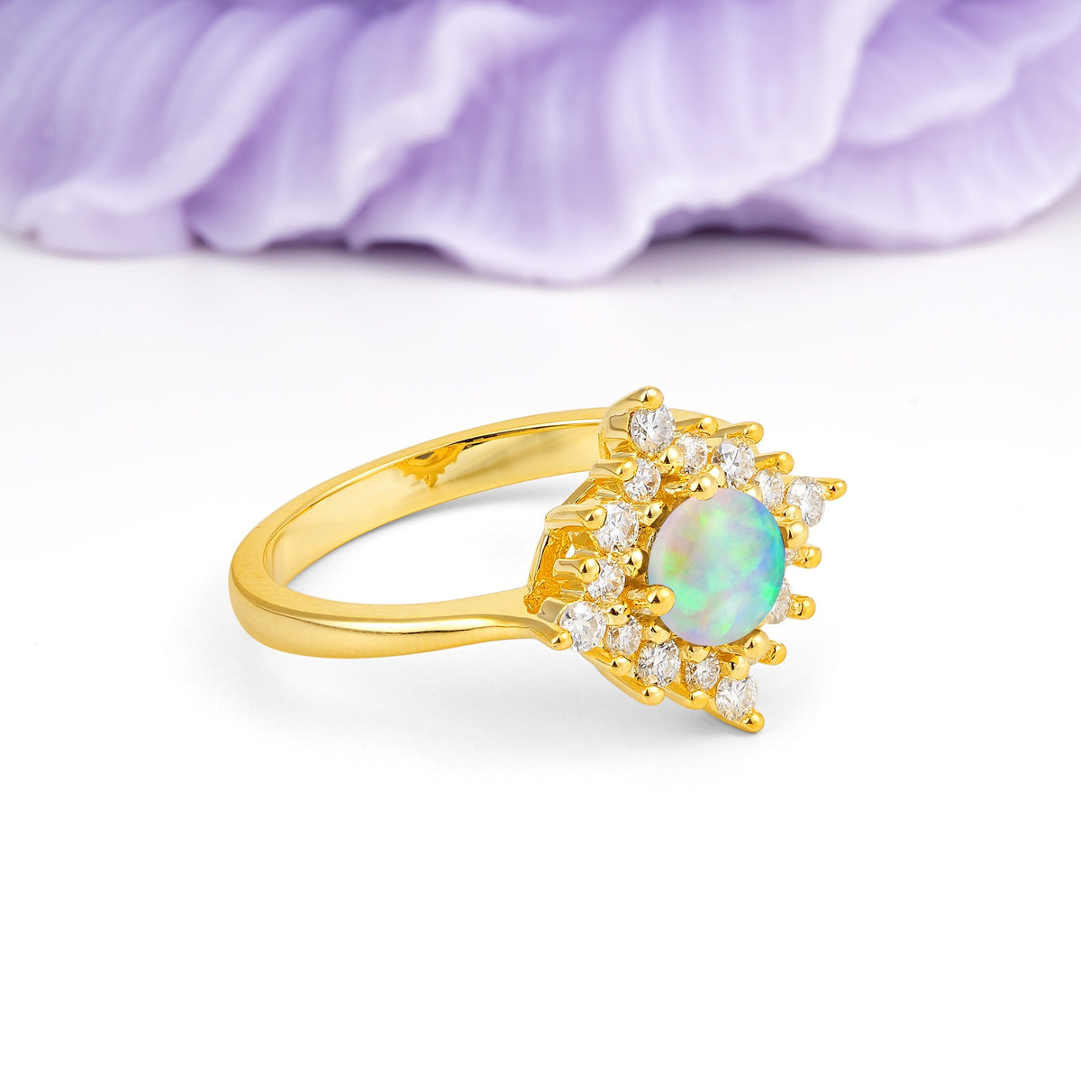 Distinctive 4 Prong Round Cut Fire Opal Engagement Ring - Additional view