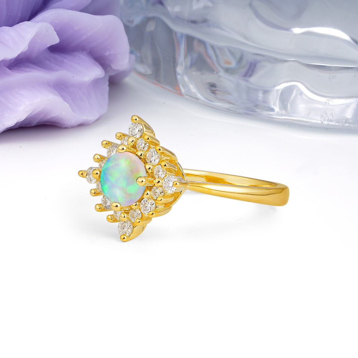 Distinctive 4 Prong Round Cut Fire Opal Engagement Ring - Additional view