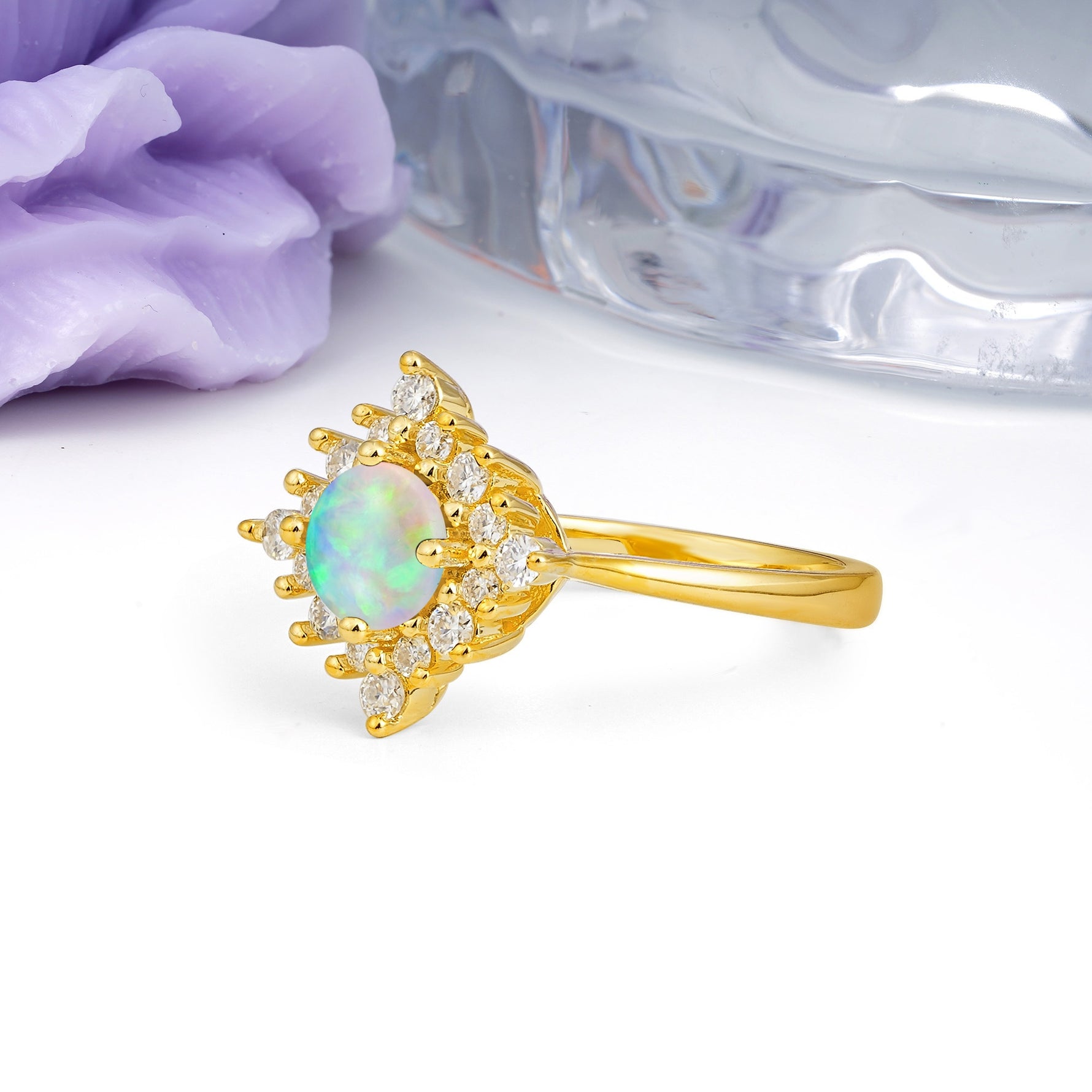 Distinctive 4 Prong Round Cut Fire Opal Engagement Ring - Additional view