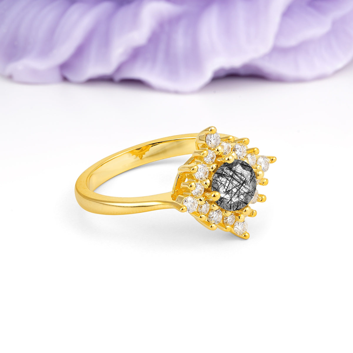 Distinctive 4 Prong Round Cut Black Rutilated Quartz Engagement Ring - Additional view