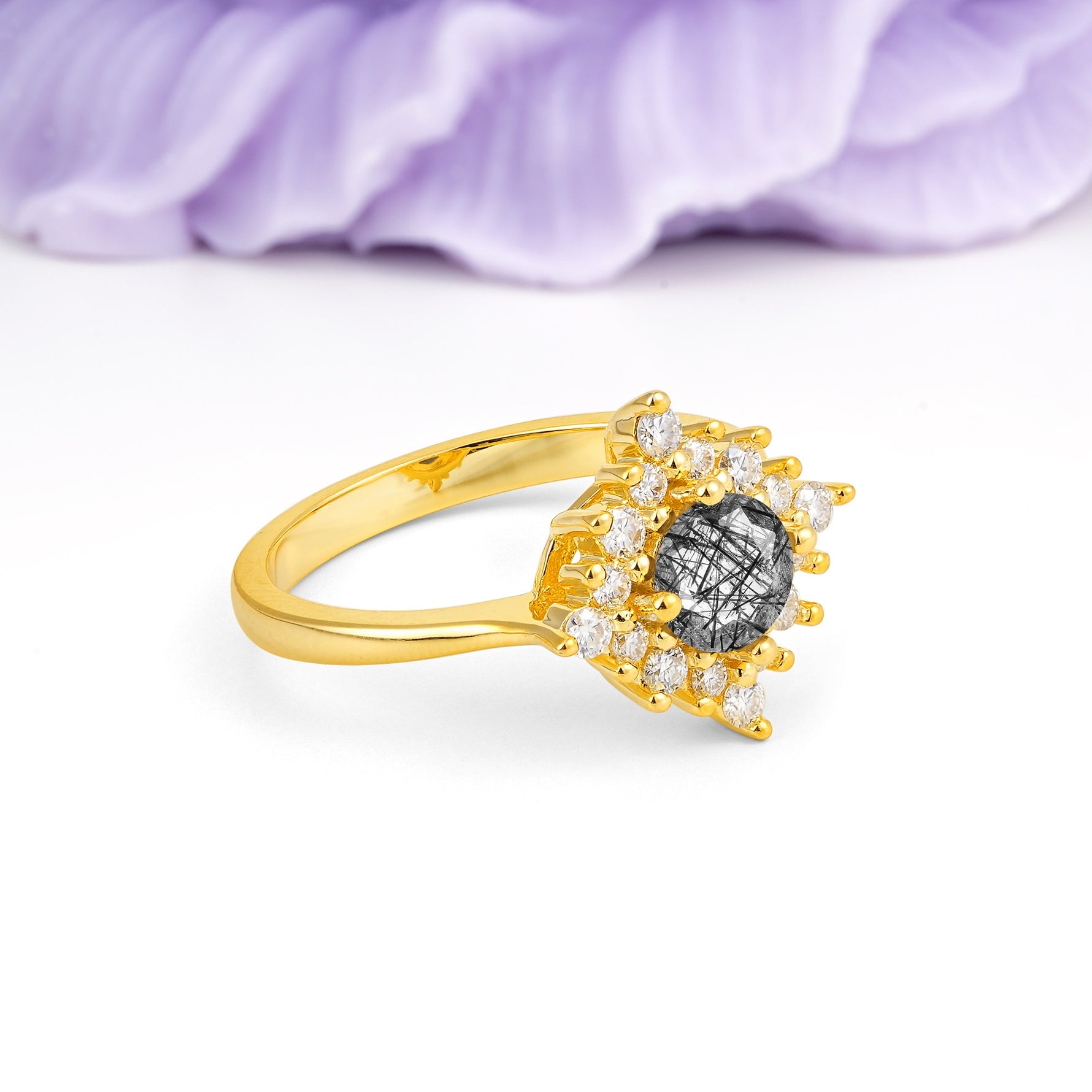 Distinctive 4 Prong Round Cut Black Rutilated Quartz Engagement Ring - Additional view