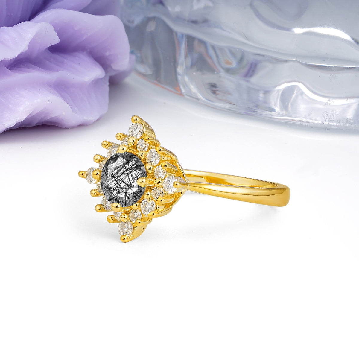 Distinctive 4 Prong Round Cut Black Rutilated Quartz Engagement Ring - Additional view