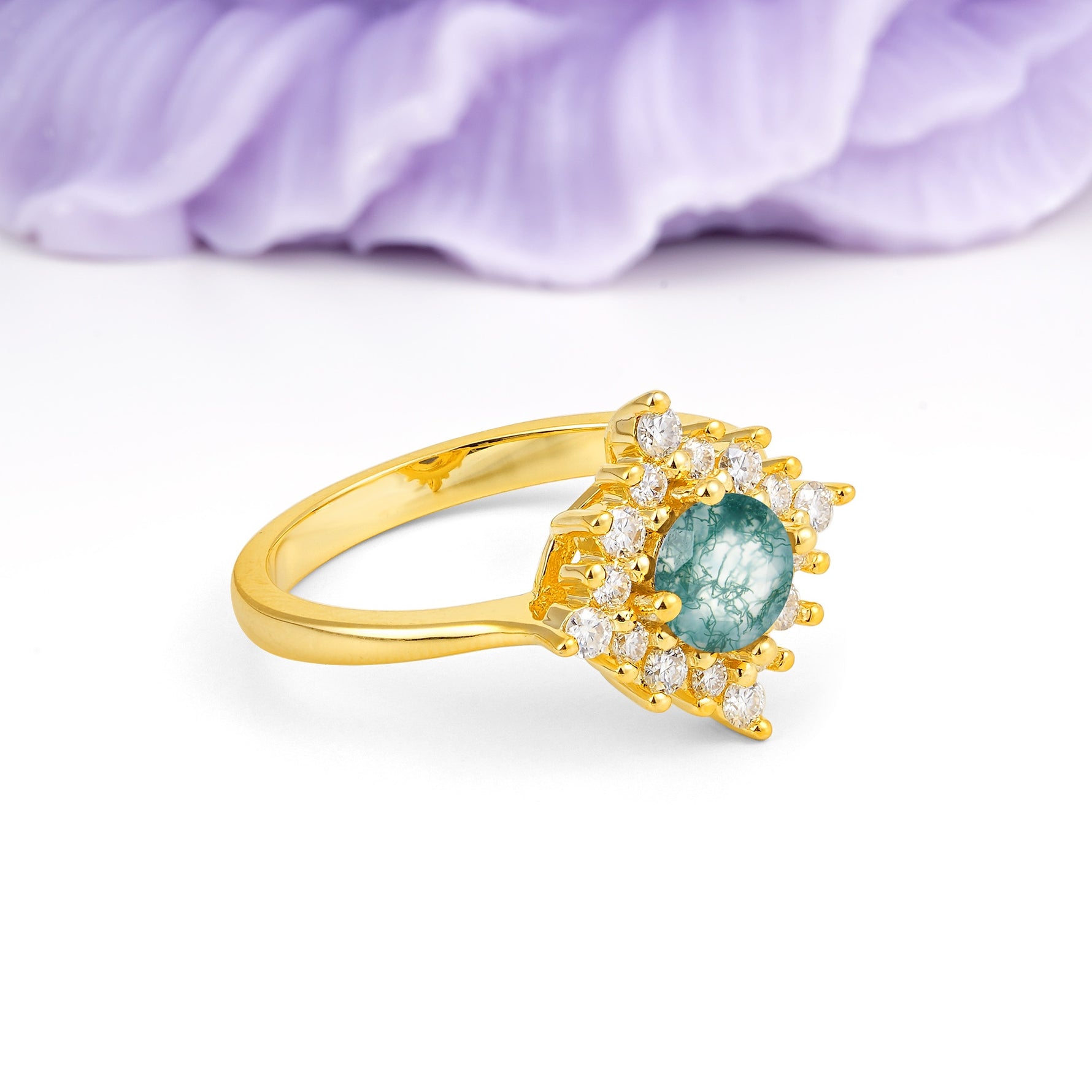 Distinctive 4 Prong Round Cut Moss Agate Engagement Ring - Additional view