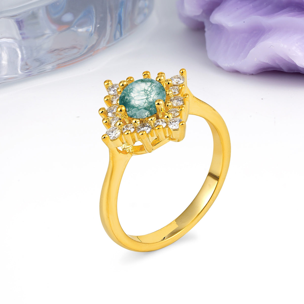 Distinctive 4 Prong Round Cut Moss Agate Engagement Ring - Additional view