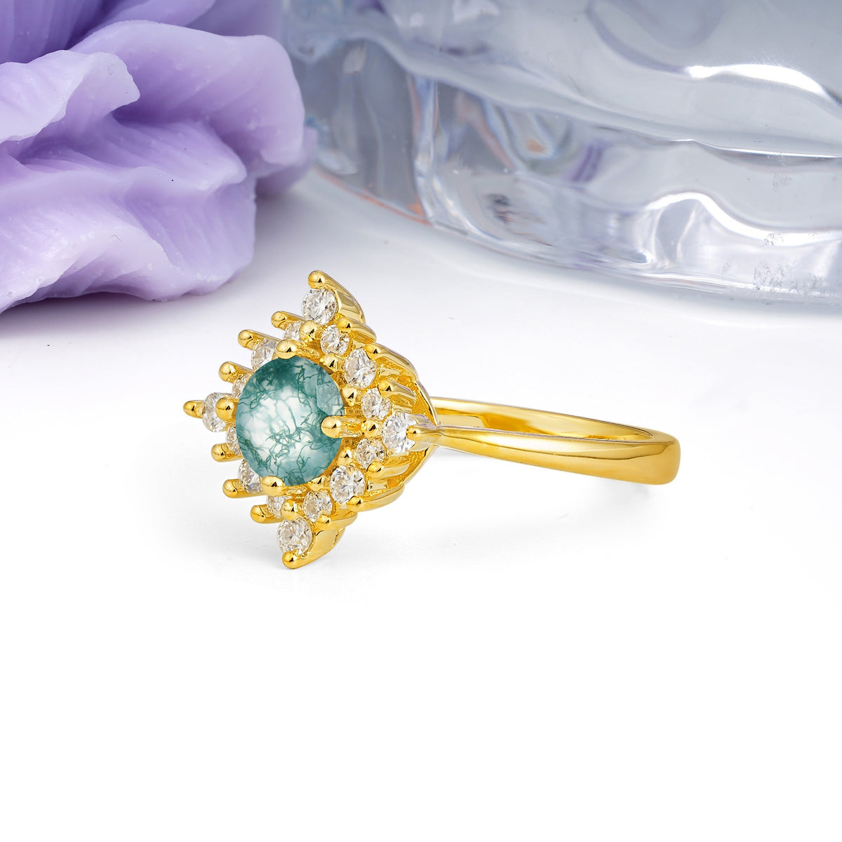 Distinctive 4 Prong Round Cut Moss Agate Engagement Ring - Additional view