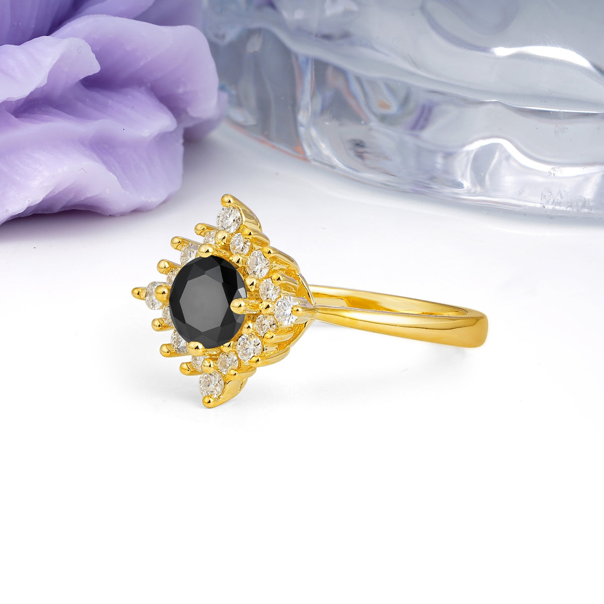 Distinctive 4 Prong Round Cut Black Onyx Engagement Ring - Additional view